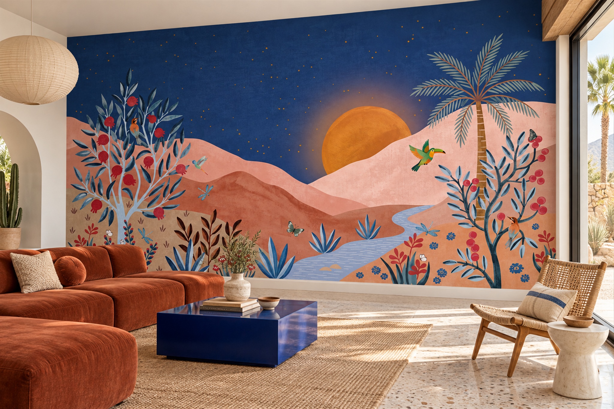 Navy Desert Landscape Wallpaper Mural, Shown In A Living Room, Peel-and-stick Finish