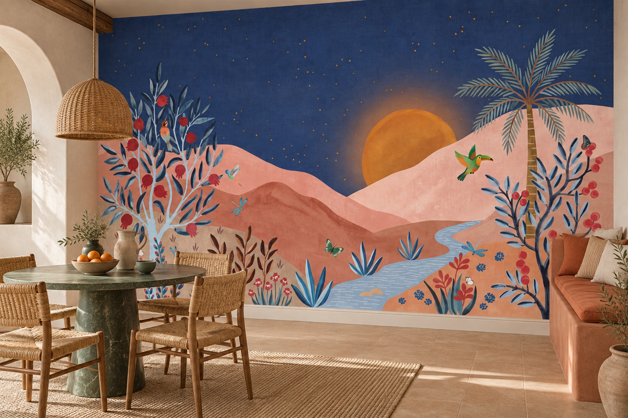 Navy Desert Night Botanical Wallpaper Mural — Wallpaper Mural Design, Peel-and-stick Finish