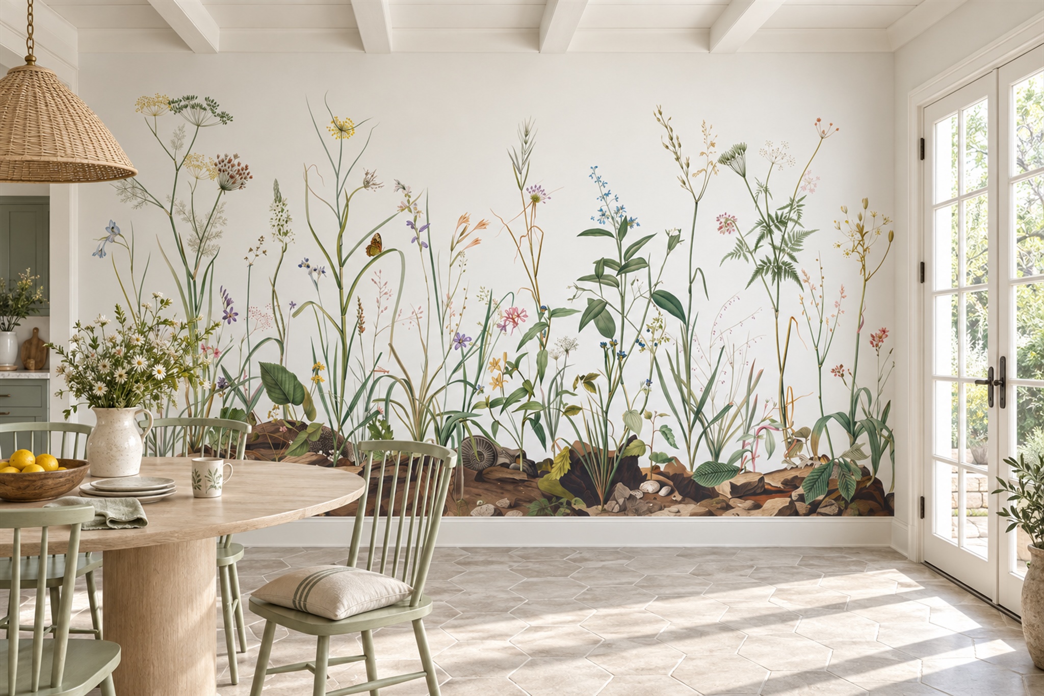 Green Meadow Scenic Decorative Wallpaper Mural Dining-room-wallpaper-murals, Shown In A Dining Room, Peel-and-stick Finish