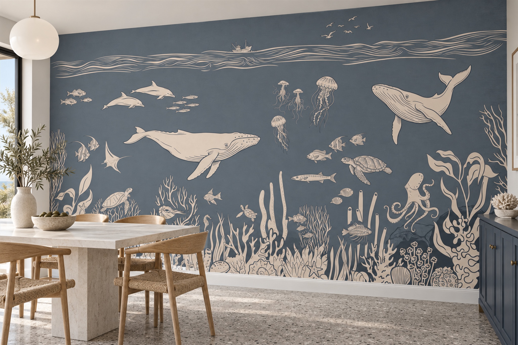Grey Illustrated Ocean Animals Wallpaper Mural — Wallpaper Mural Design, Peel-and-stick Finish