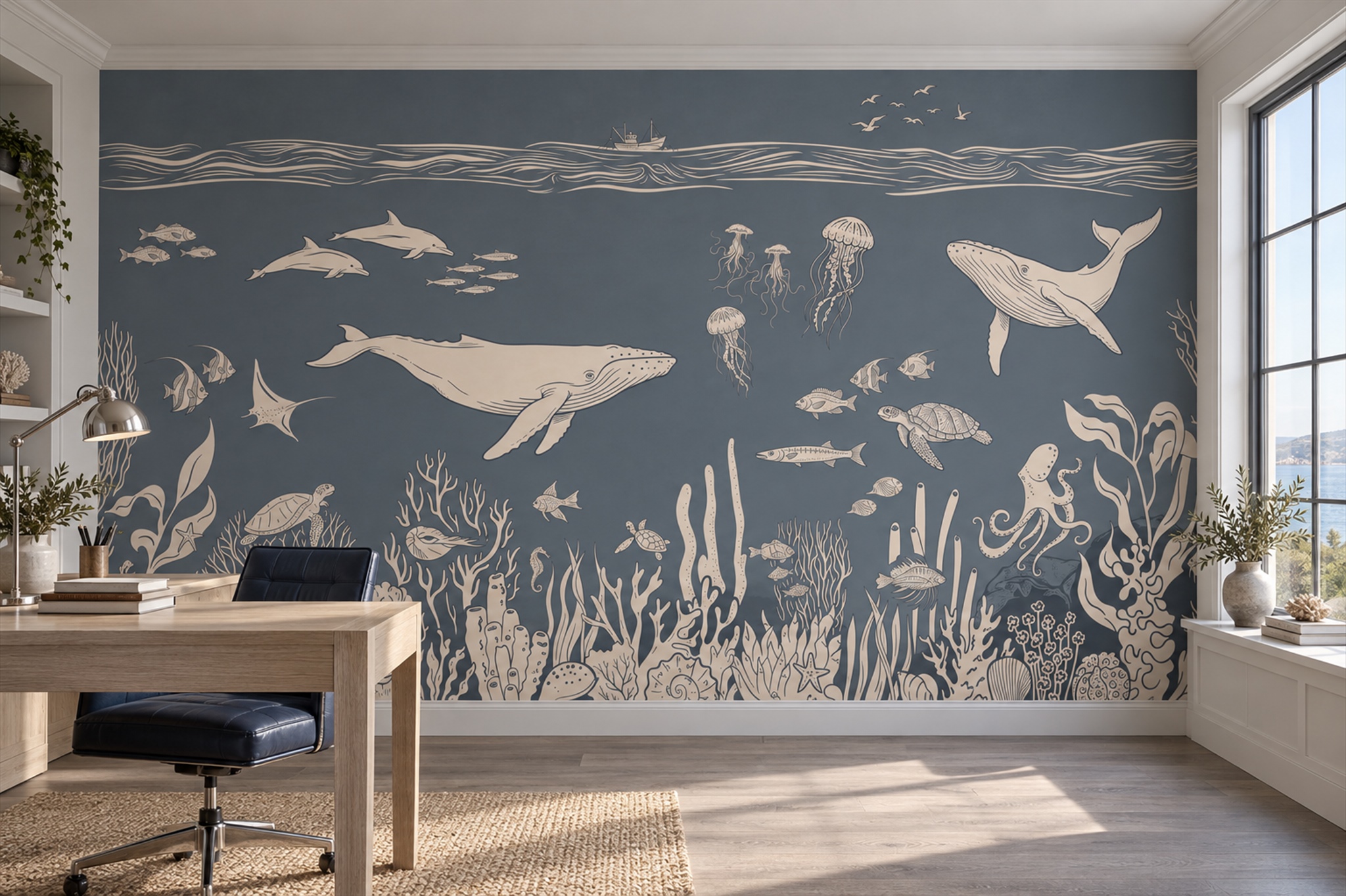 Grey Pattern Decorative Wallpaper Mural Layered Forms Wallpaper Mural Home-office-wallpaper-murals, Shown In A Home Office, Peel-and-stick Finish