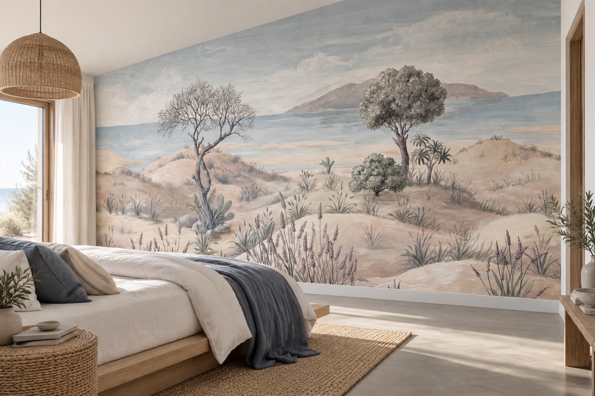 Beige Coastal Scenic Decorative Wallpaper Mural Bedroom-wallpaper-murals, Peel-and-stick Finish