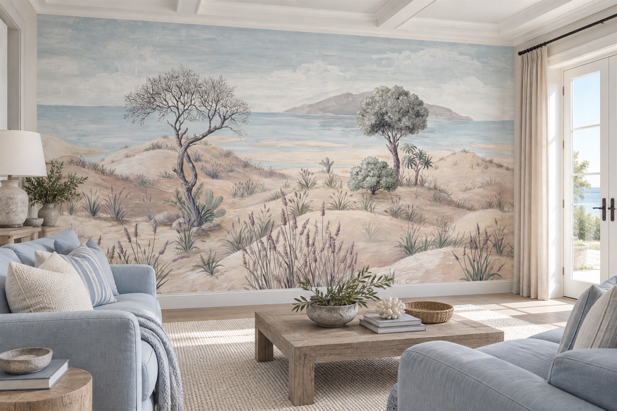 Beige Coastal Scenic Decorative Wallpaper Mural Living-room-wallpaper-murals, Peel-and-stick Finish