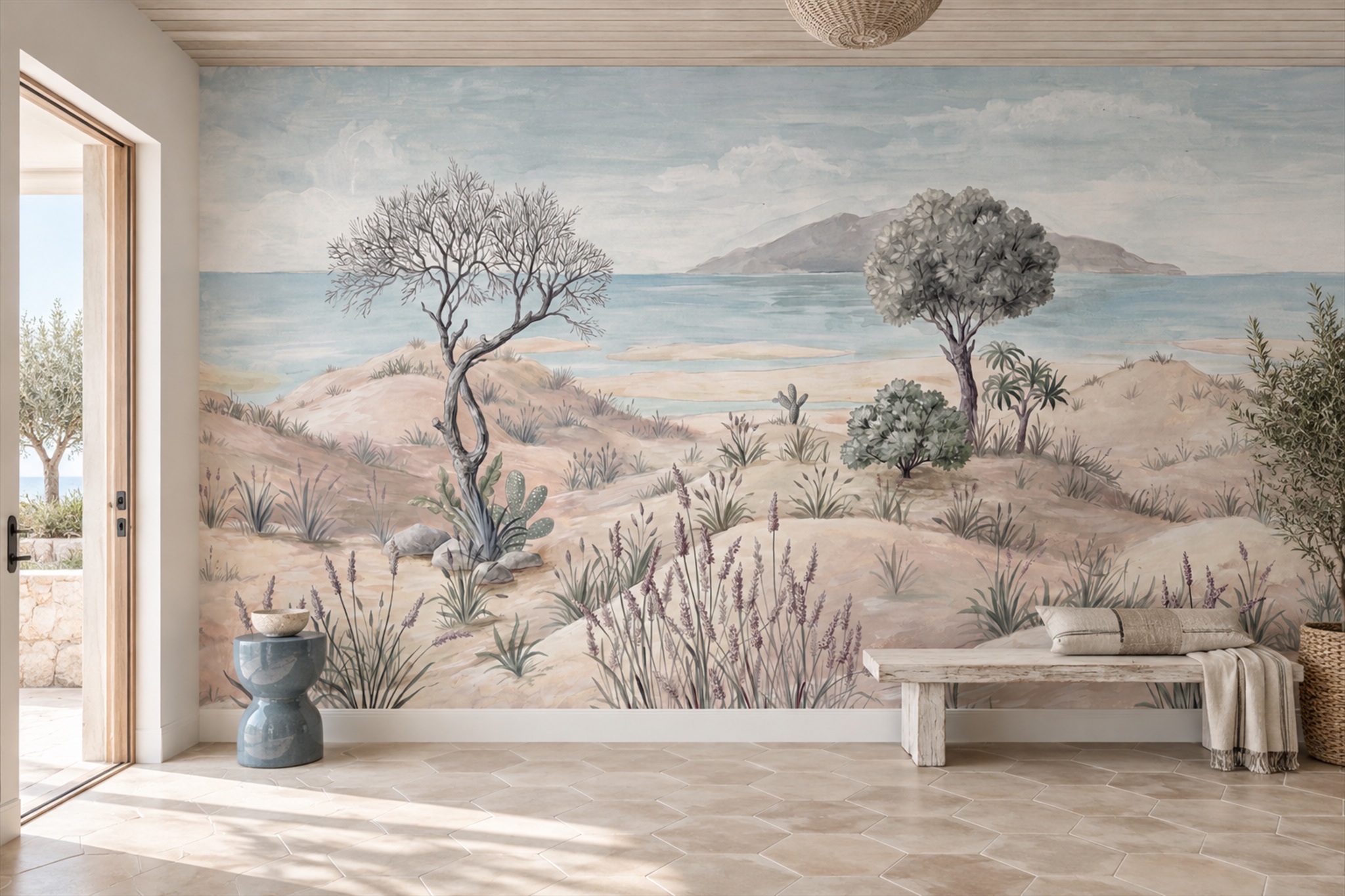 Beige Coastal Scenic Decorative Wallpaper Mural Entryway-wallpaper-murals, Peel-and-stick Finish