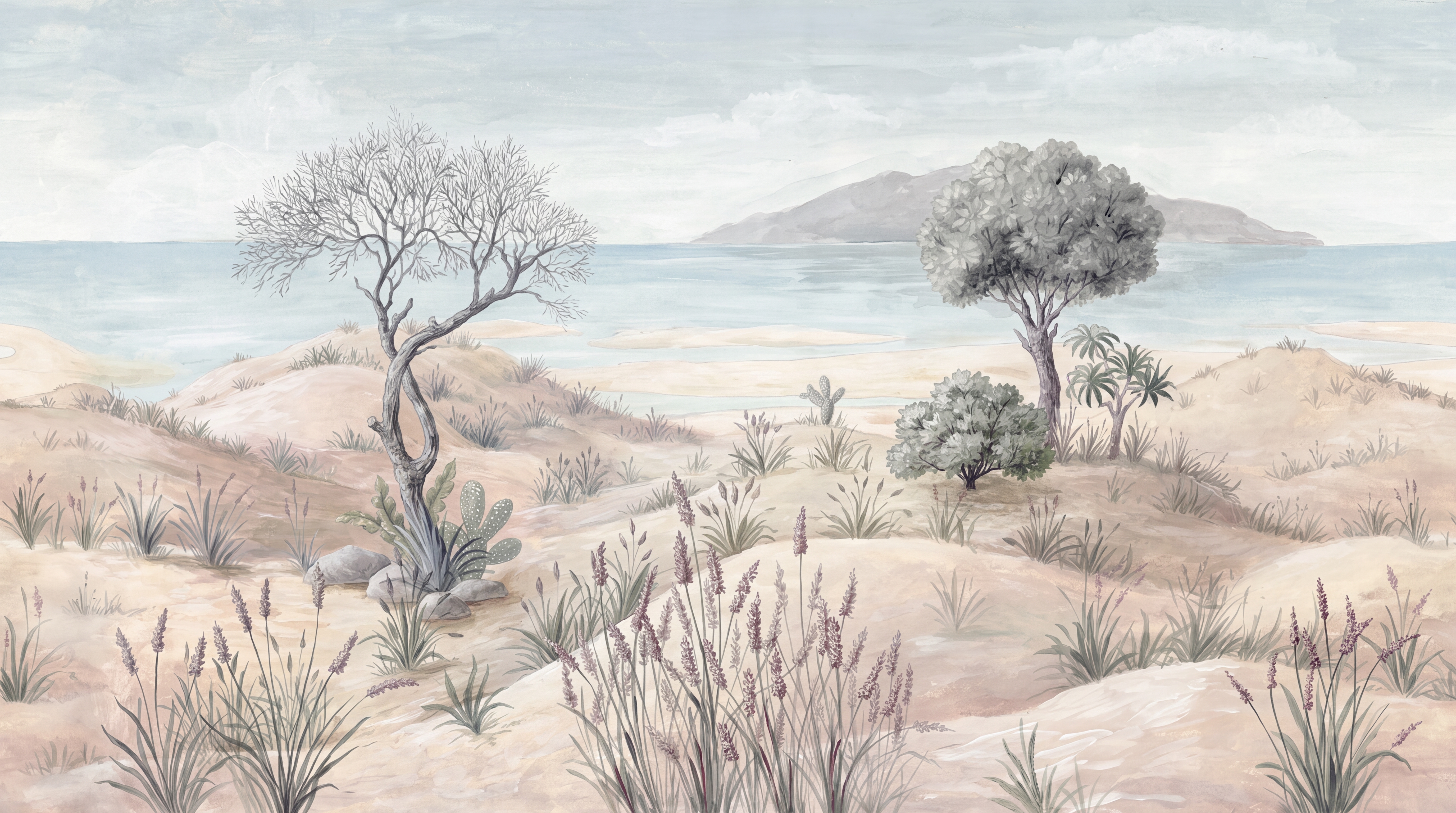 Beige Coastal Scenic Decorative Wallpaper Mural Entryway-wallpaper-murals, Peel-and-stick Finish