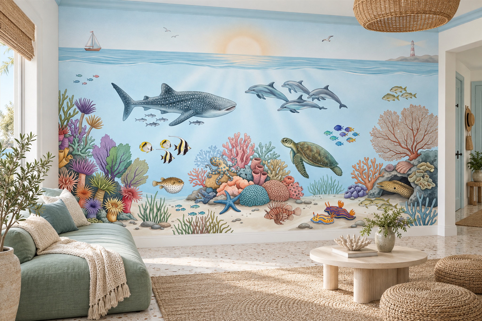 Blue Ocean Scenic Decorative Wallpaper Mural Accent-wall-wallpaper-murals, Peel-and-stick Finish