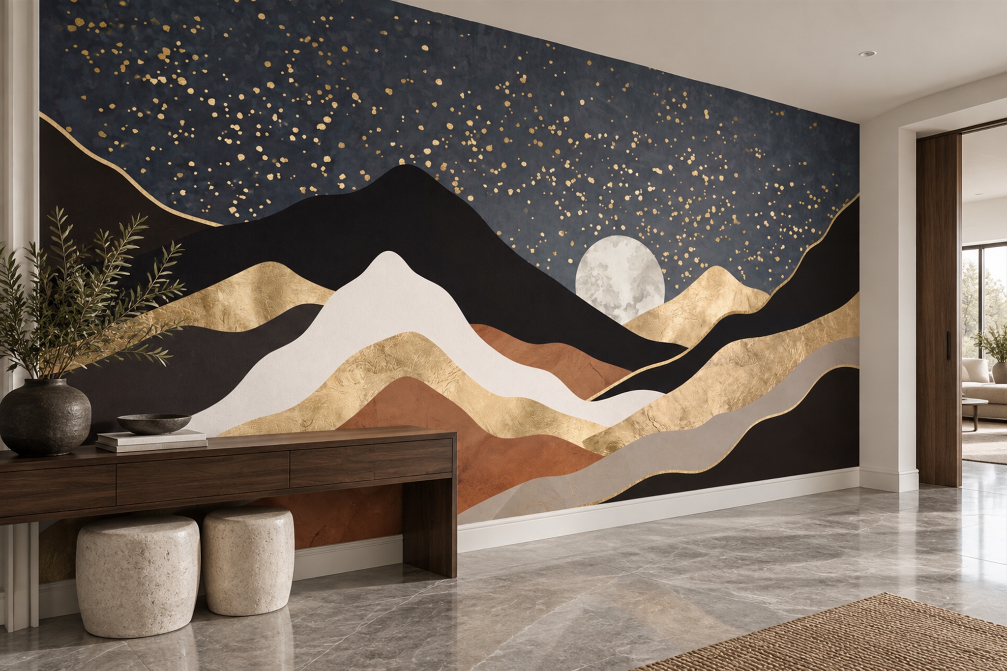Gold Mountain Scenic Wallpaper Mural Entryway-wallpaper-murals, Peel-and-stick Finish