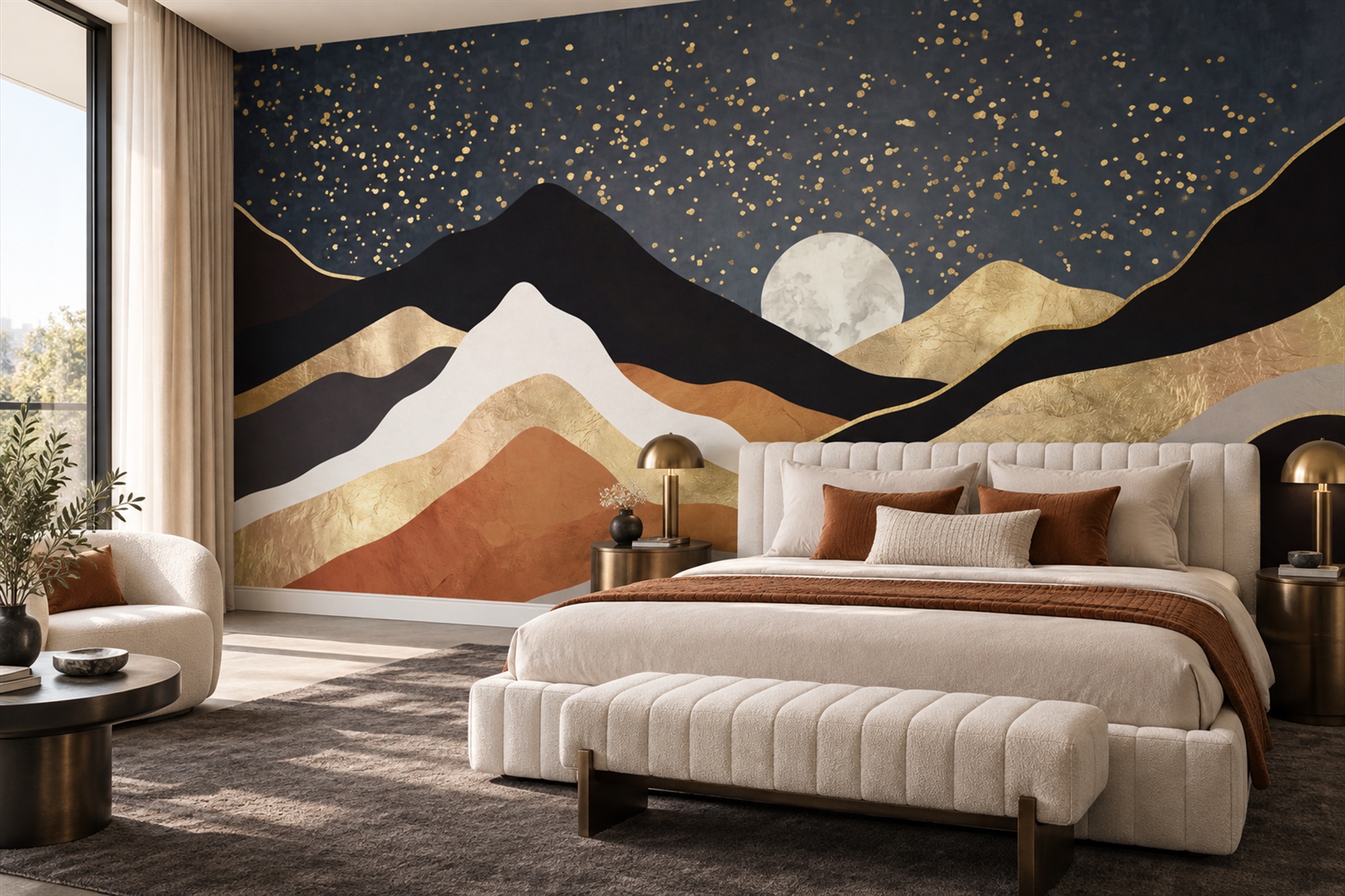Gold Foil Layered Mountain Night Wallpaper Mural — Installed Wallpaper Mural In A Bedroom, Peel-and-stick Finish