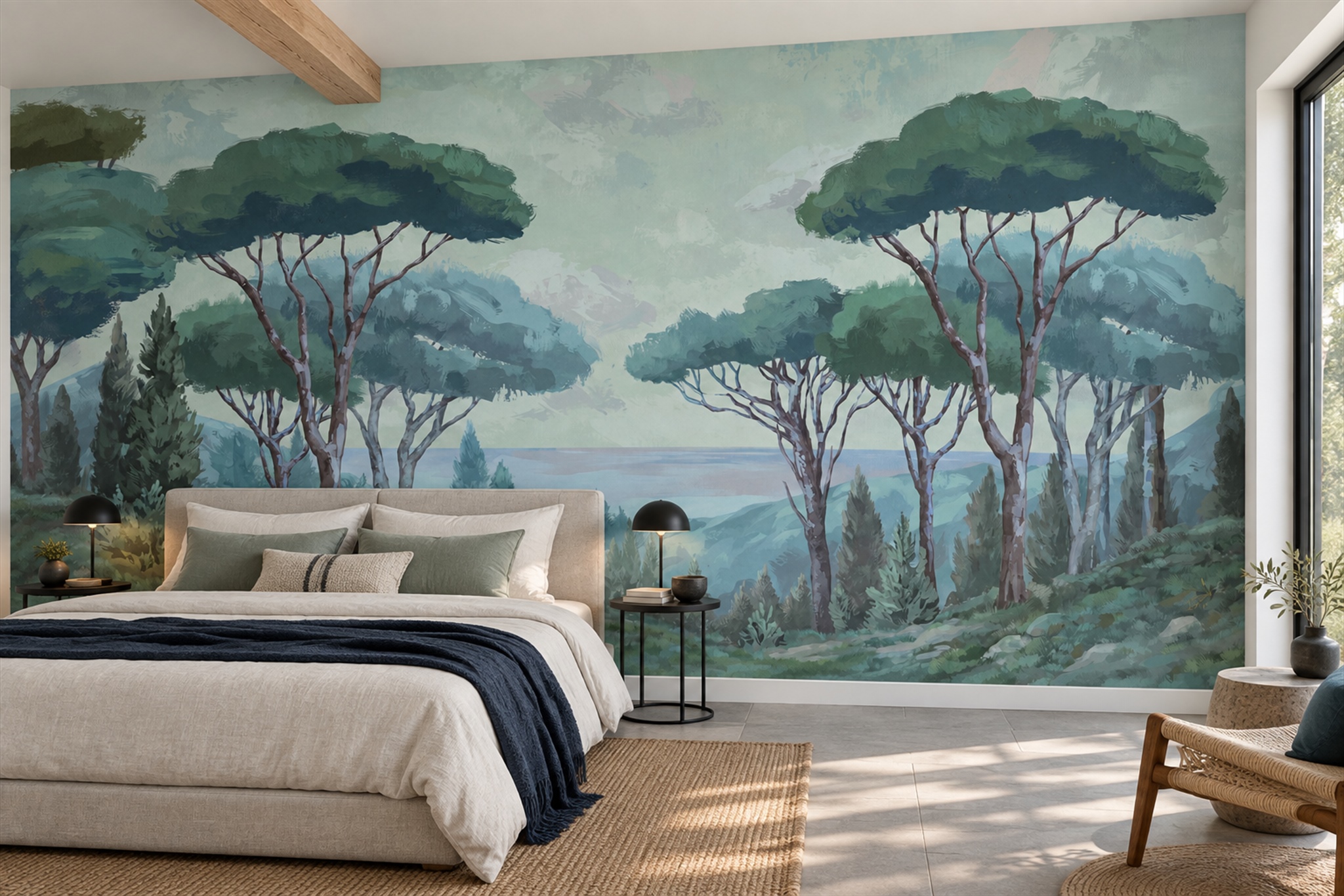 Teal Misty Artful Abstract Wallpaper Mural Bedroom-wallpaper-murals, Peel-and-stick Finish