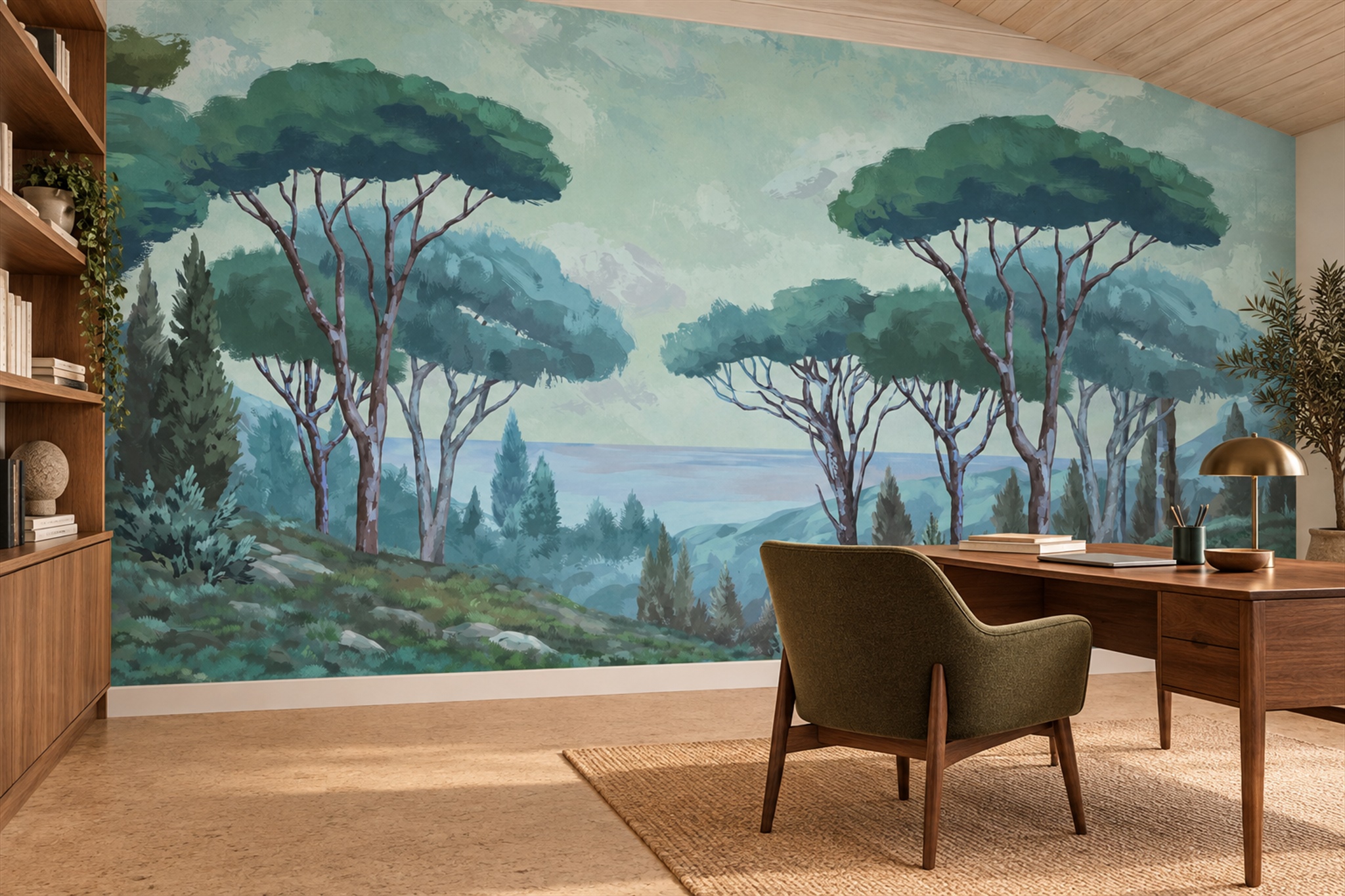 Teal Misty Artful Abstract Wallpaper Mural Home-office-wallpaper-murals, Peel-and-stick Finish