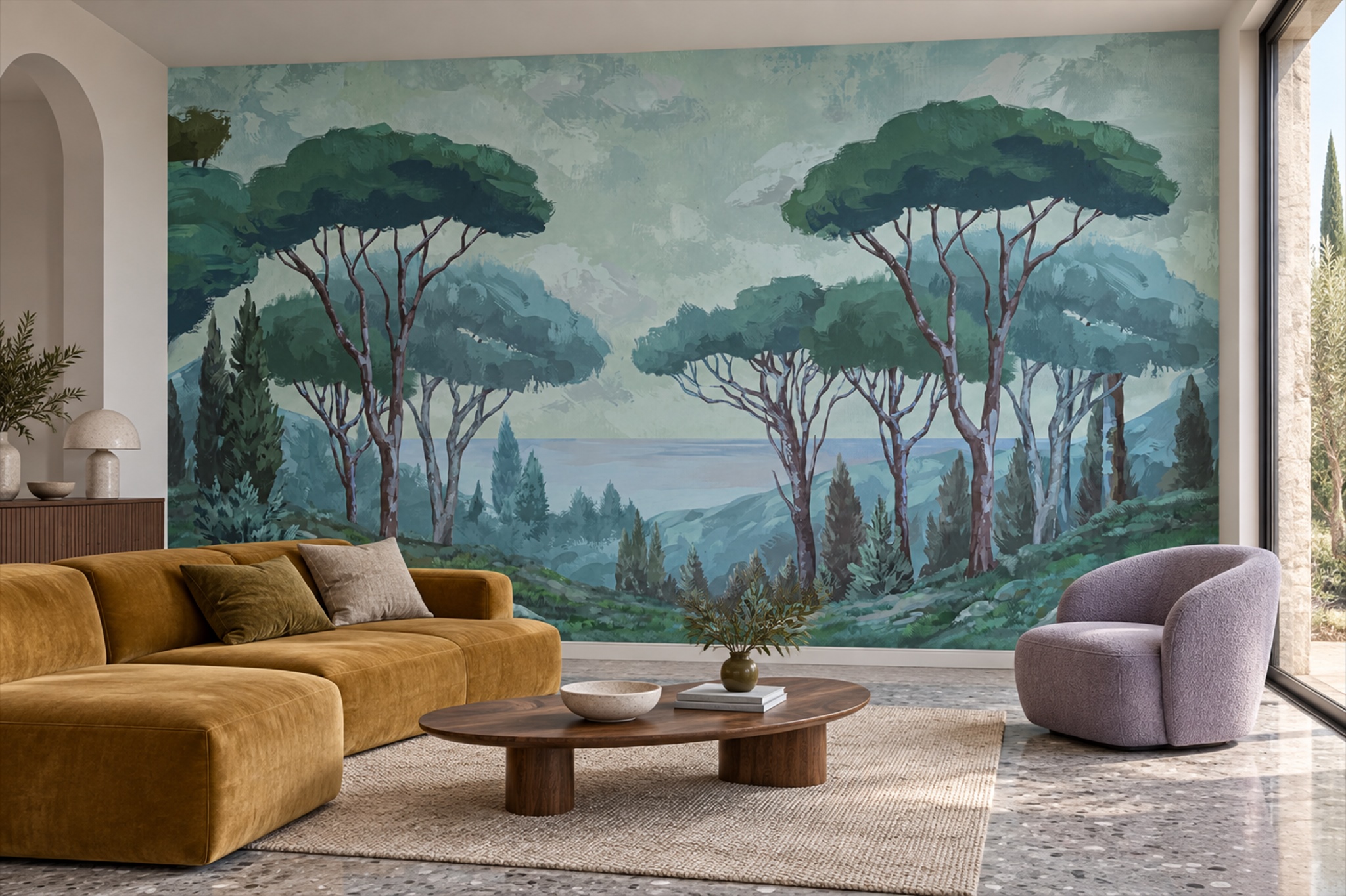 Teal Misty Artful Abstract Wallpaper Mural Home-office-wallpaper-murals, Peel-and-stick Finish