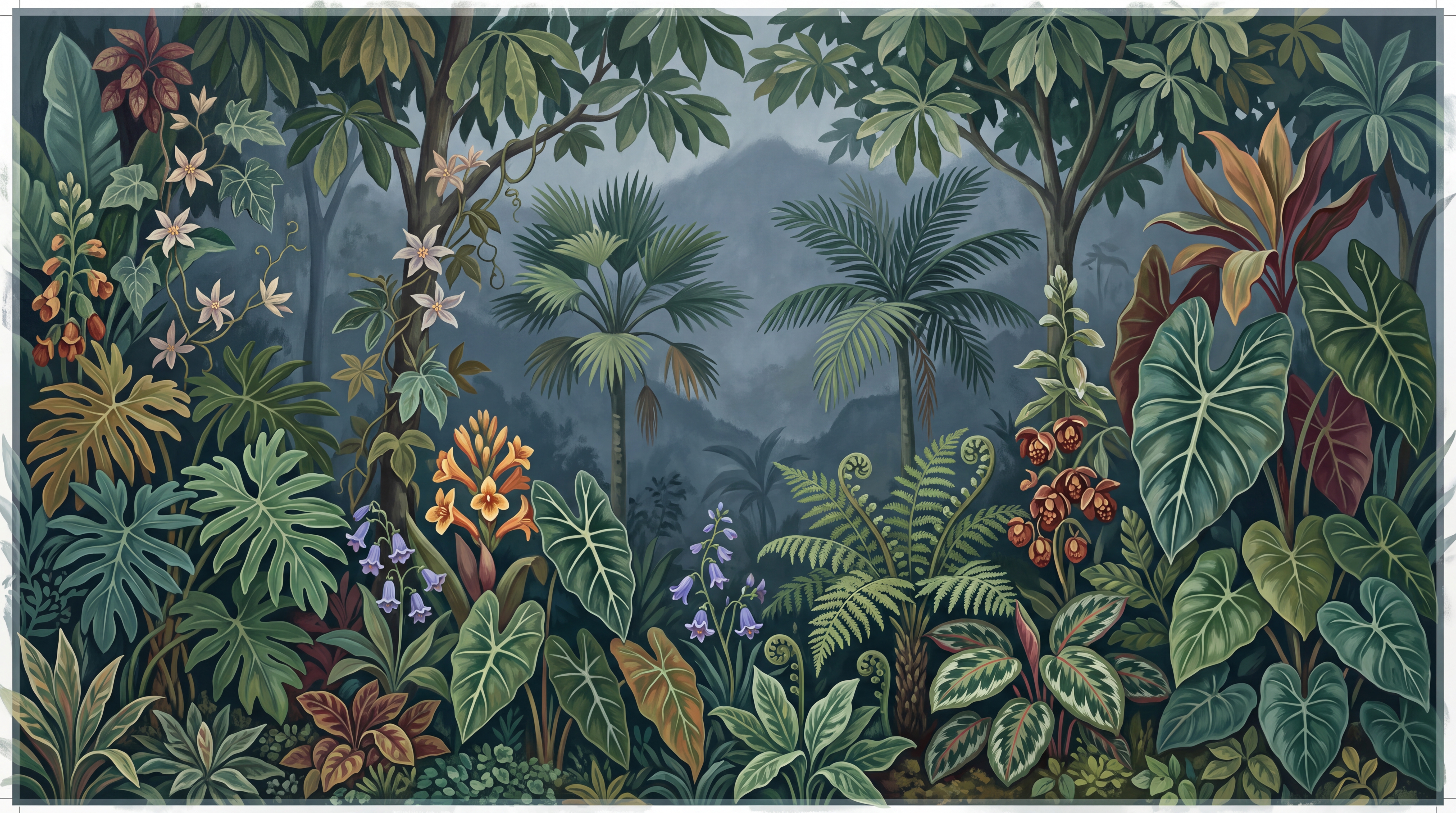 Teal Tropical Artful Jungle Wallpaper Mural, Peel-and-stick Finish