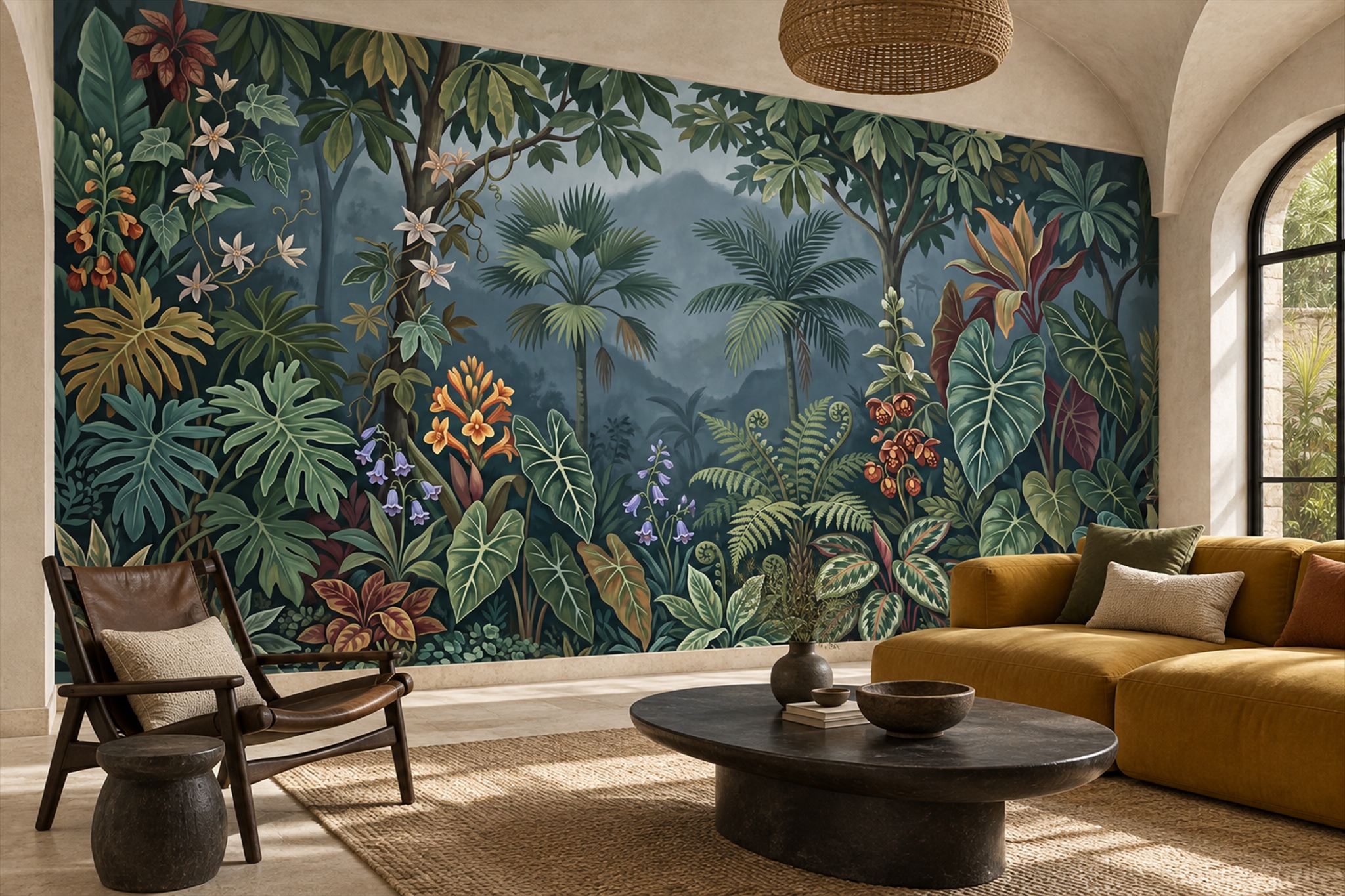 Teal Tropical Artful Jungle Wallpaper Mural Living-room-wallpaper-murals, Shown In A Living Room, Peel-and-stick Finish