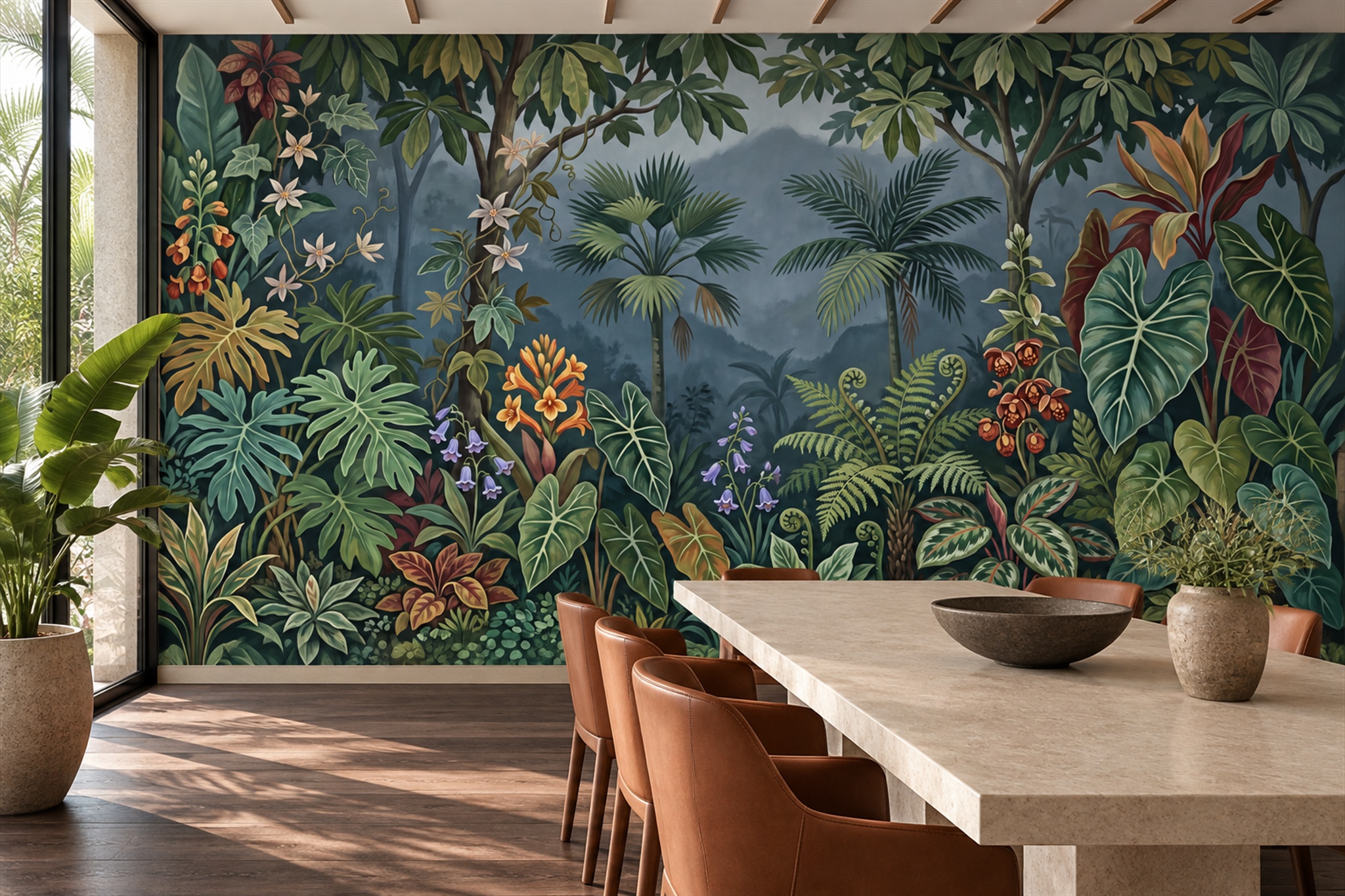 Teal Tropical Artful Jungle Wallpaper Mural Bathroom-wallpaper-murals, Peel-and-stick Finish