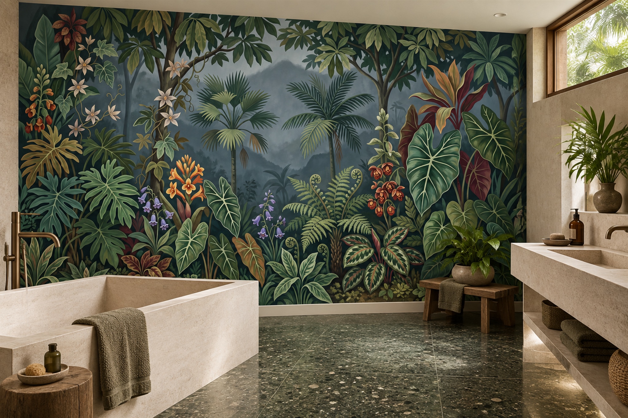 Teal Tropical Artful Jungle Wallpaper Mural Bathroom-wallpaper-murals, Peel-and-stick Finish