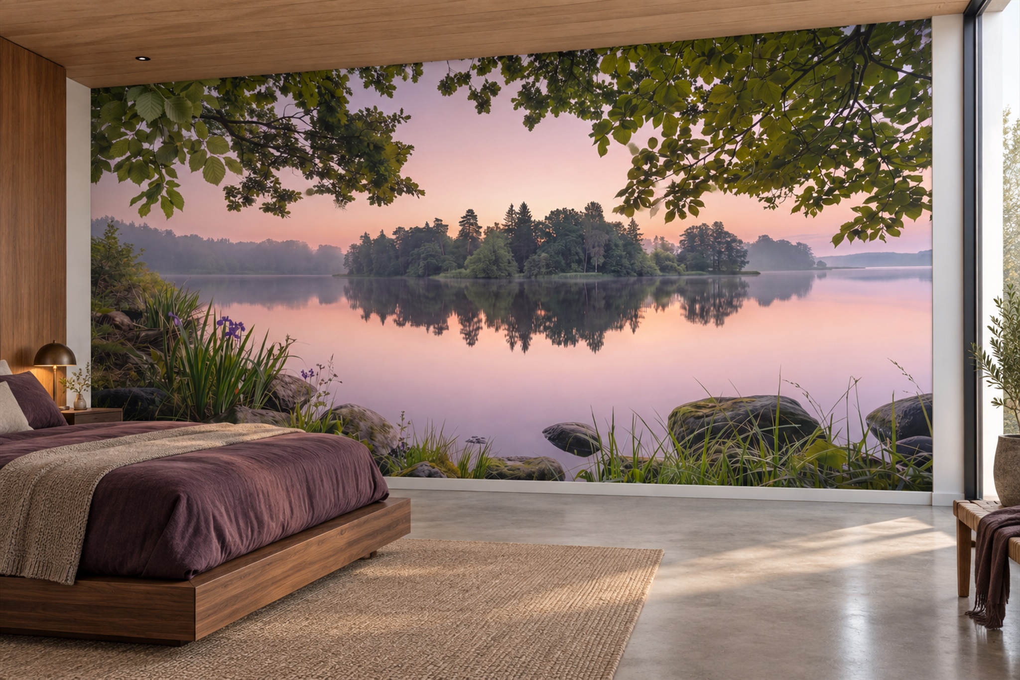 Pink Lake Scenic Decorative Wallpaper Mural Bedroom-wallpaper-murals, Peel-and-stick Finish