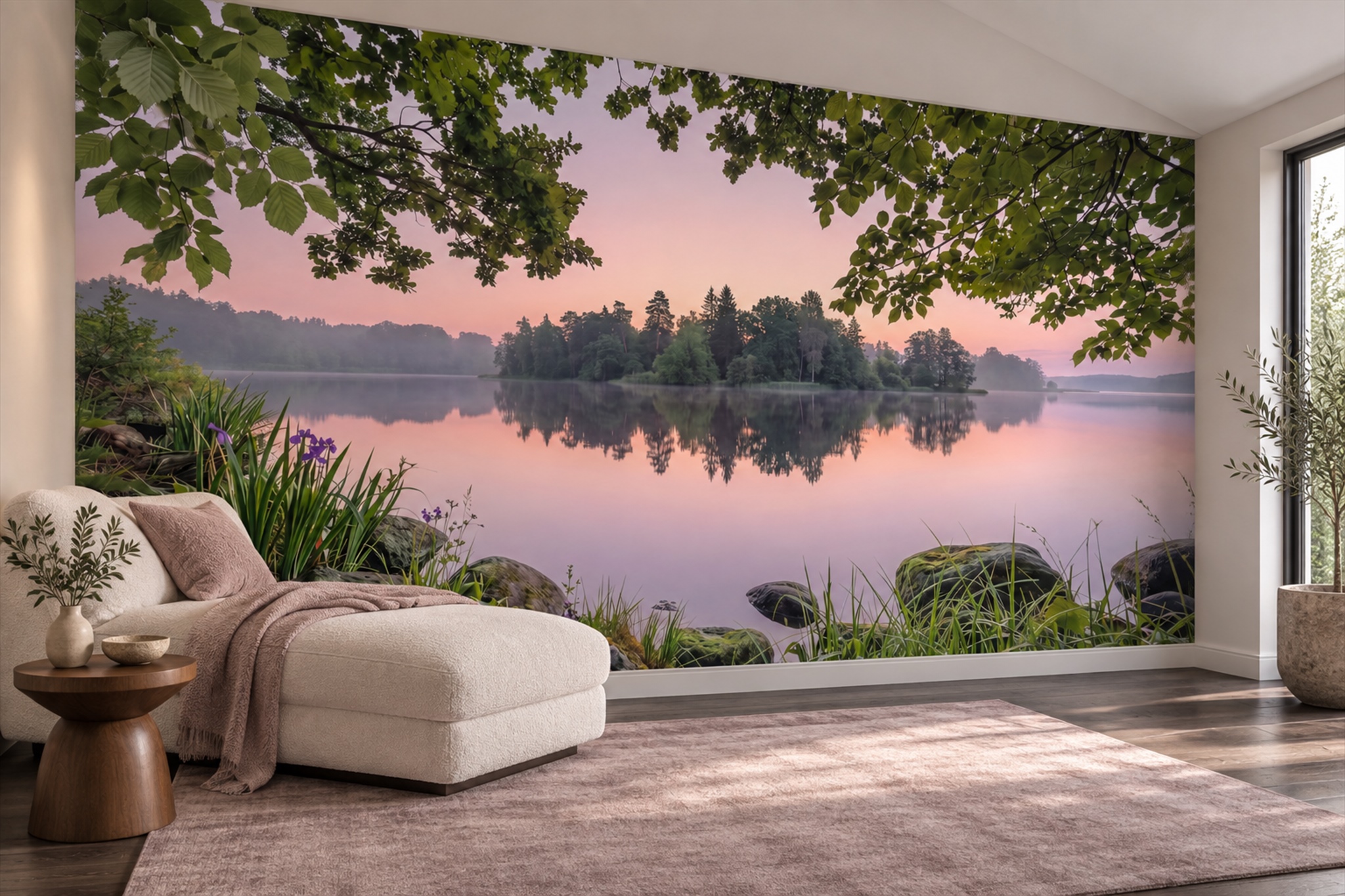 Pink Twilight Lake And Woodland Wallpaper Mural — Wallpaper Mural Design, Peel-and-stick Finish