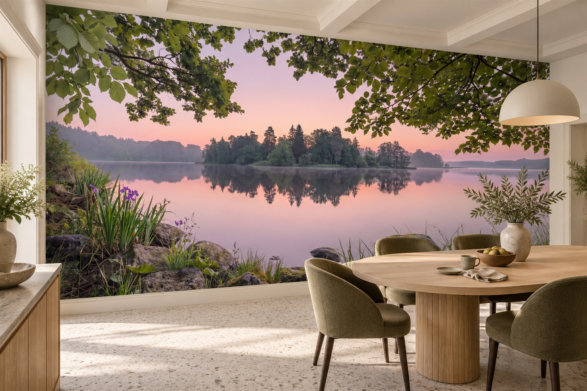Pink Lake Scenic Decorative Wallpaper Mural Living-room-wallpaper-murals, Peel-and-stick Finish