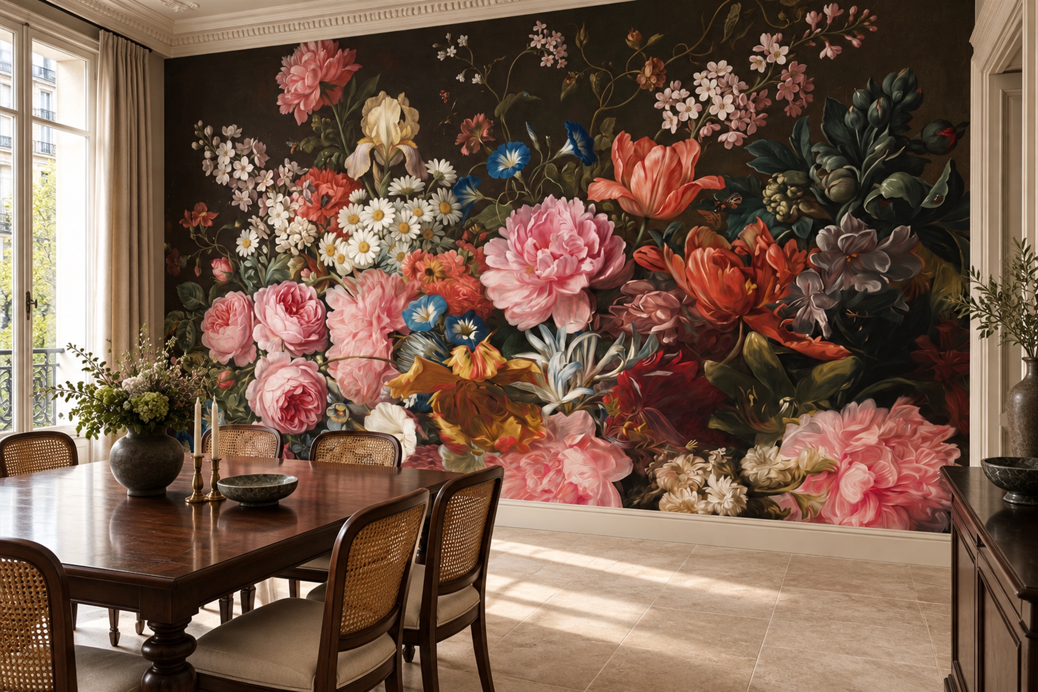 Dark Vintage Garden Of Colorful Flowers Wallpaper Mural — Wallpaper Mural Design, Peel-and-stick Finish