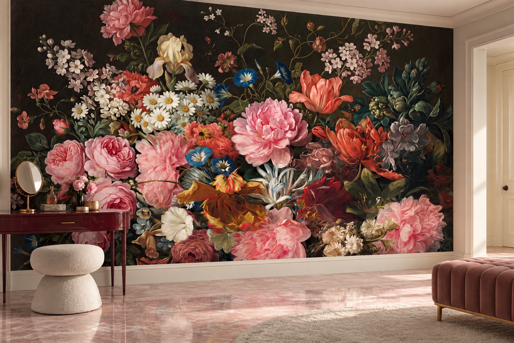 Pink Vintage Artful Decorative Wallpaper Mural Accent-wall-wallpaper-murals, Peel-and-stick Finish