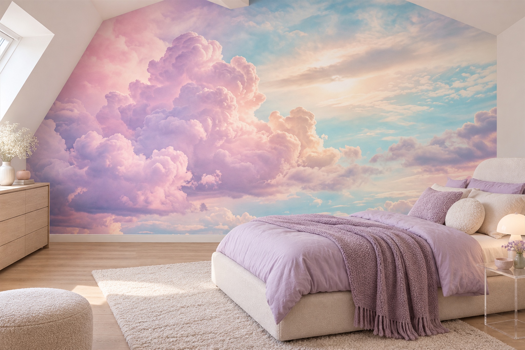 Pink Clouds Artful Wallpaper Mural Bedroom-wallpaper-murals, Peel-and-stick Finish
