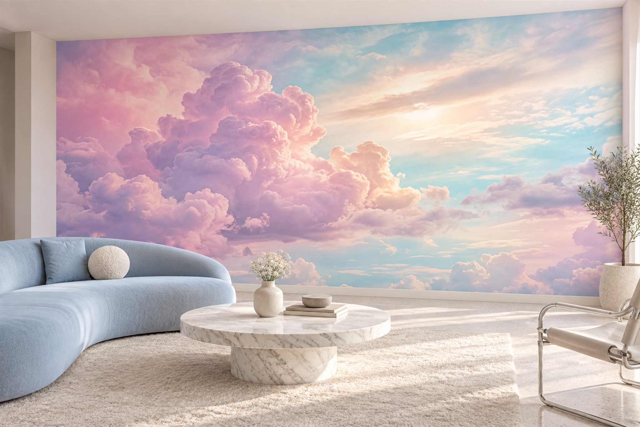 Pink Clouds Artful Wallpaper Mural Feature-wall-wallpaper-murals, Peel-and-stick Finish