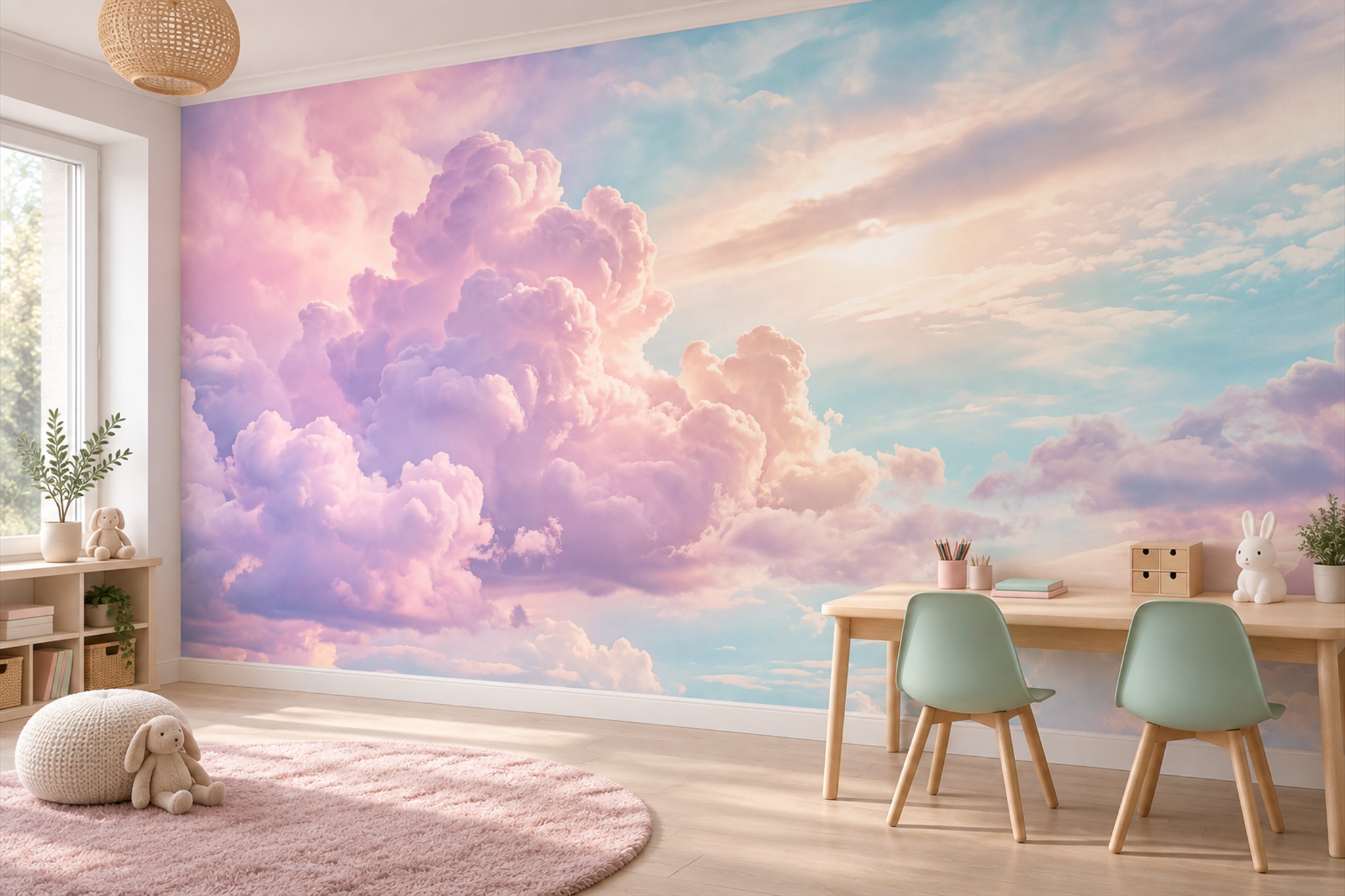 Pink Clouds Artful Wallpaper Mural Bedroom-wallpaper-murals, Peel-and-stick Finish