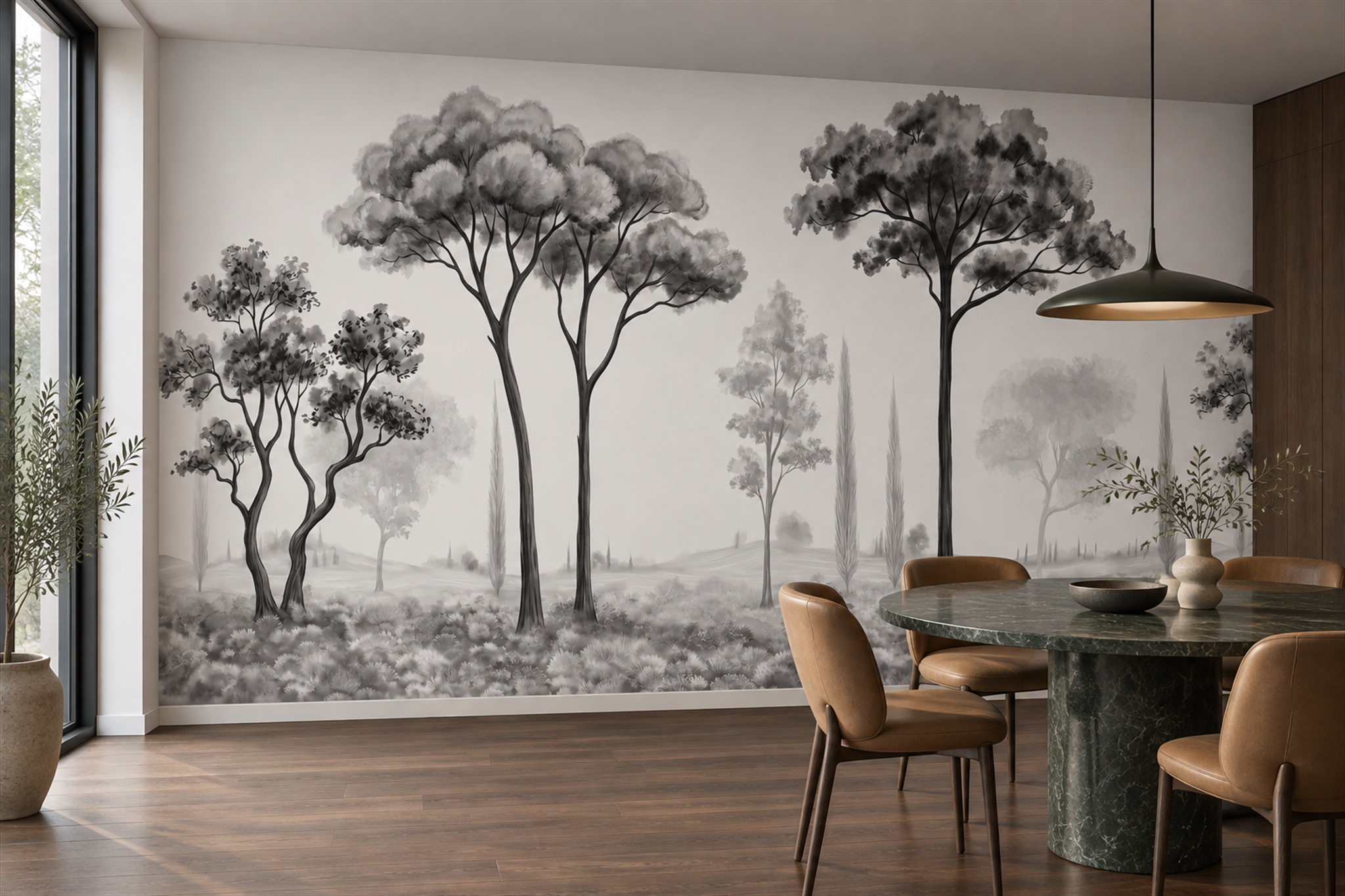 Grey Scenic Scenic Textured Wallpaper Mural Dining-room-wallpaper-murals, Shown In A Dining Room, Peel-and-stick Finish