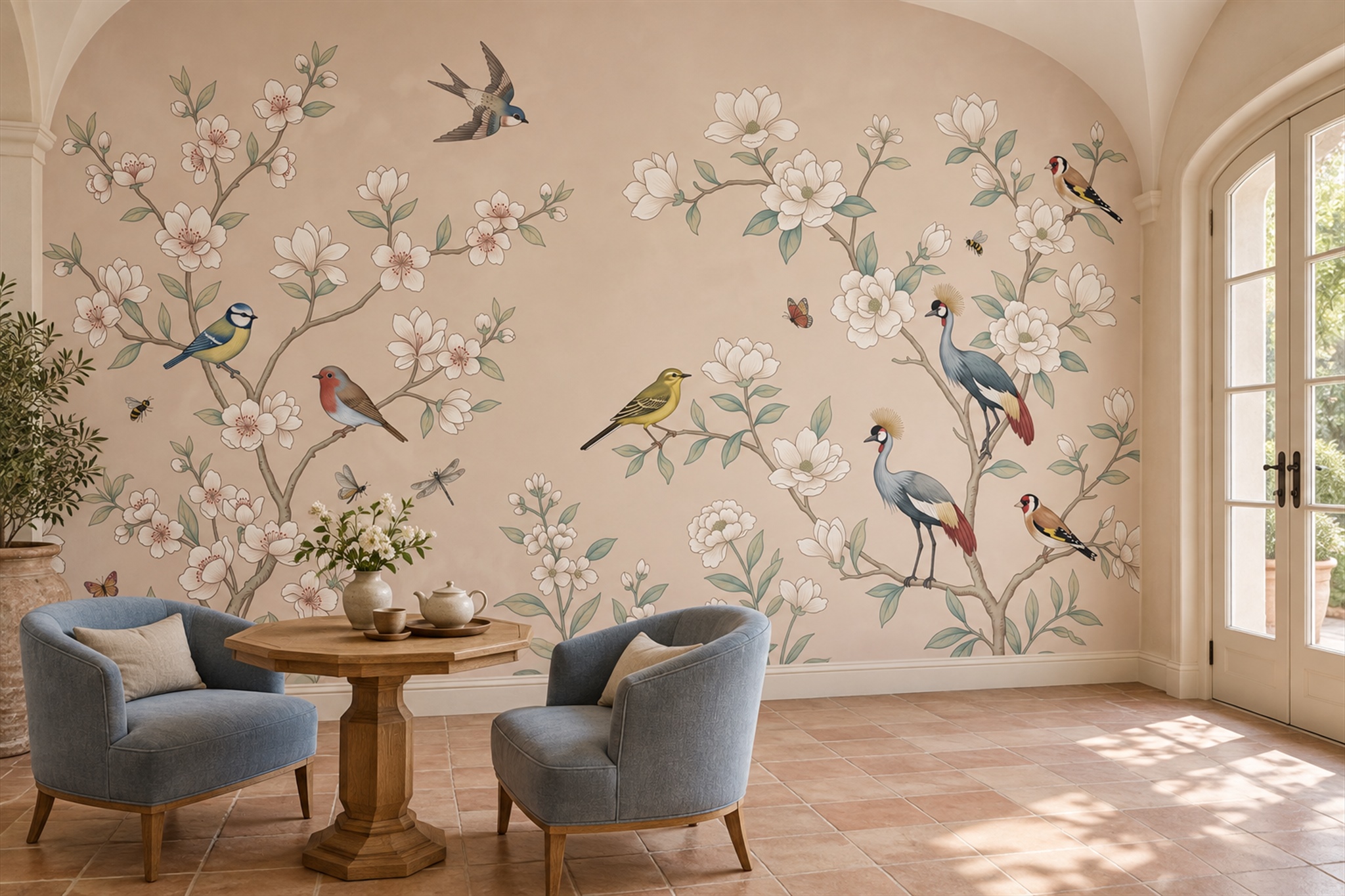 Peach Botanical Botanical Wallpaper Mural Accent-wall-wallpaper-murals, Peel-and-stick Finish