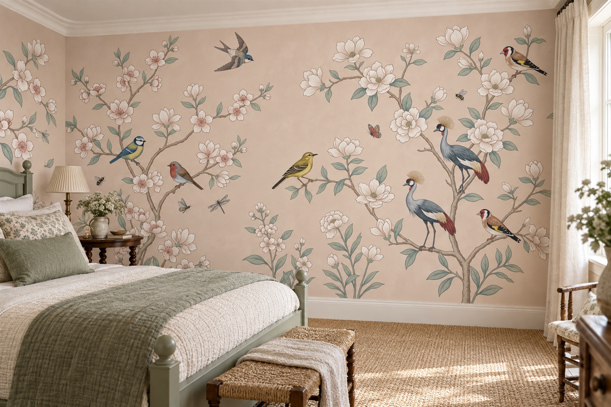 Peach Botanical Botanical Wallpaper Mural Bedroom-wallpaper-murals, Peel-and-stick Finish