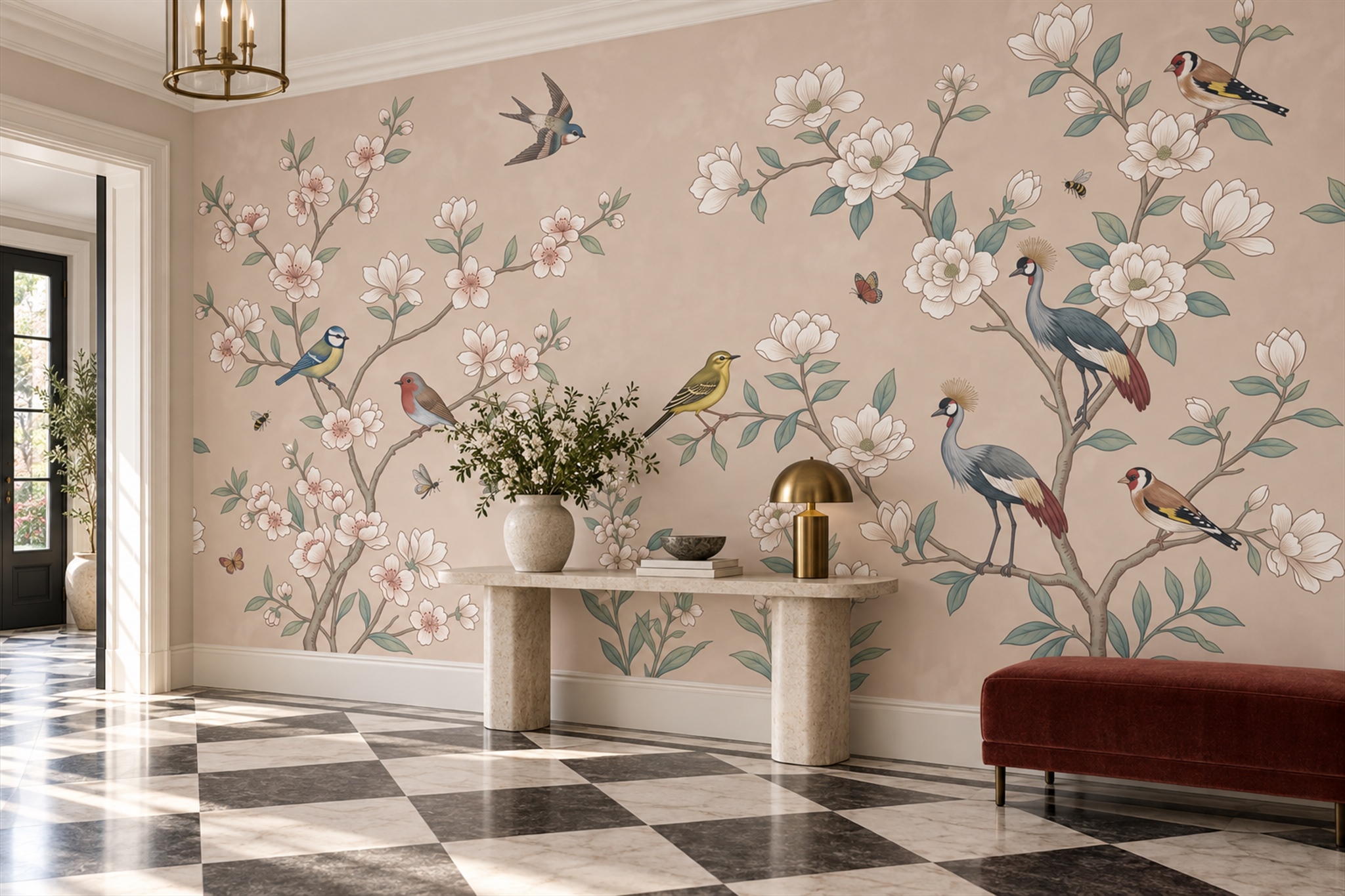 Peach Botanical Botanical Wallpaper Mural Bedroom-wallpaper-murals, Peel-and-stick Finish