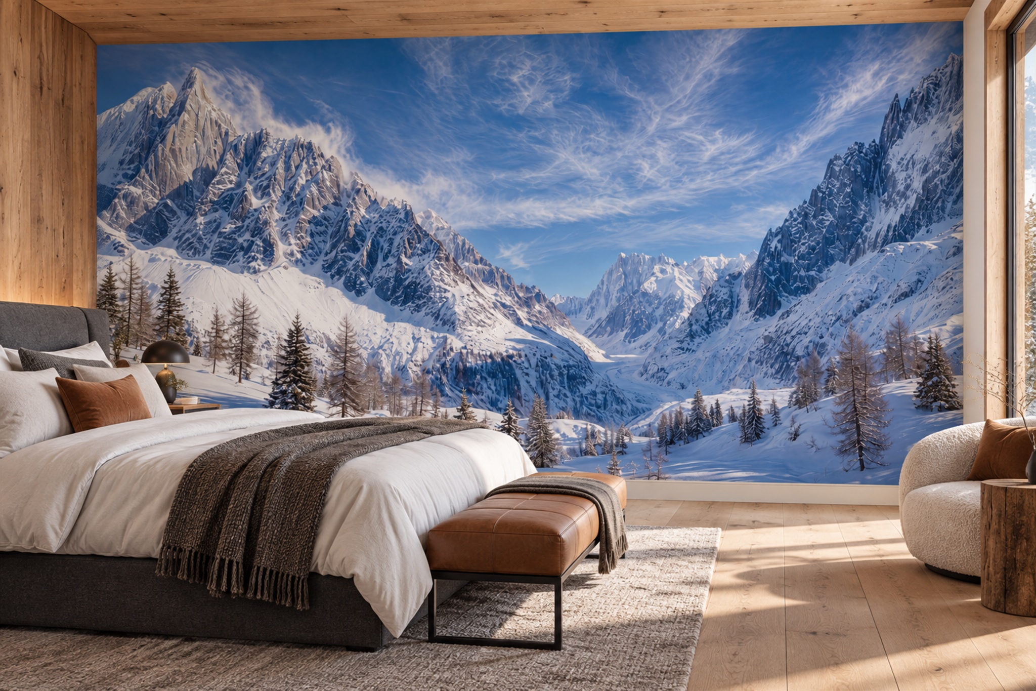 Snow-capped Blue Alpine Mountain Wallpaper Mural — Installed Wallpaper Mural In A Bedroom, Peel-and-stick Finish