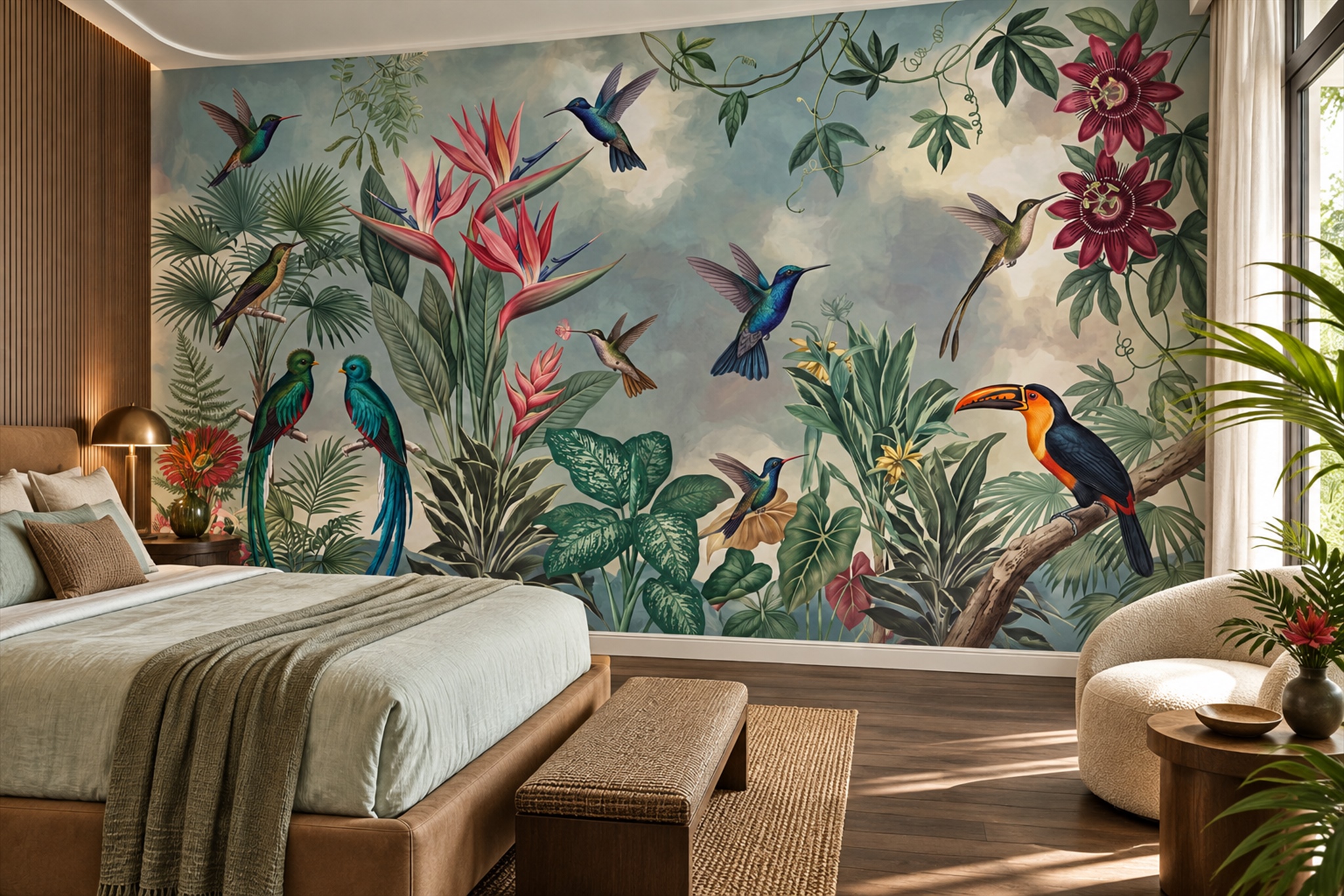 Green Bird Illustrated Wallpaper Mural Bedroom-wallpaper-murals, Peel-and-stick Finish