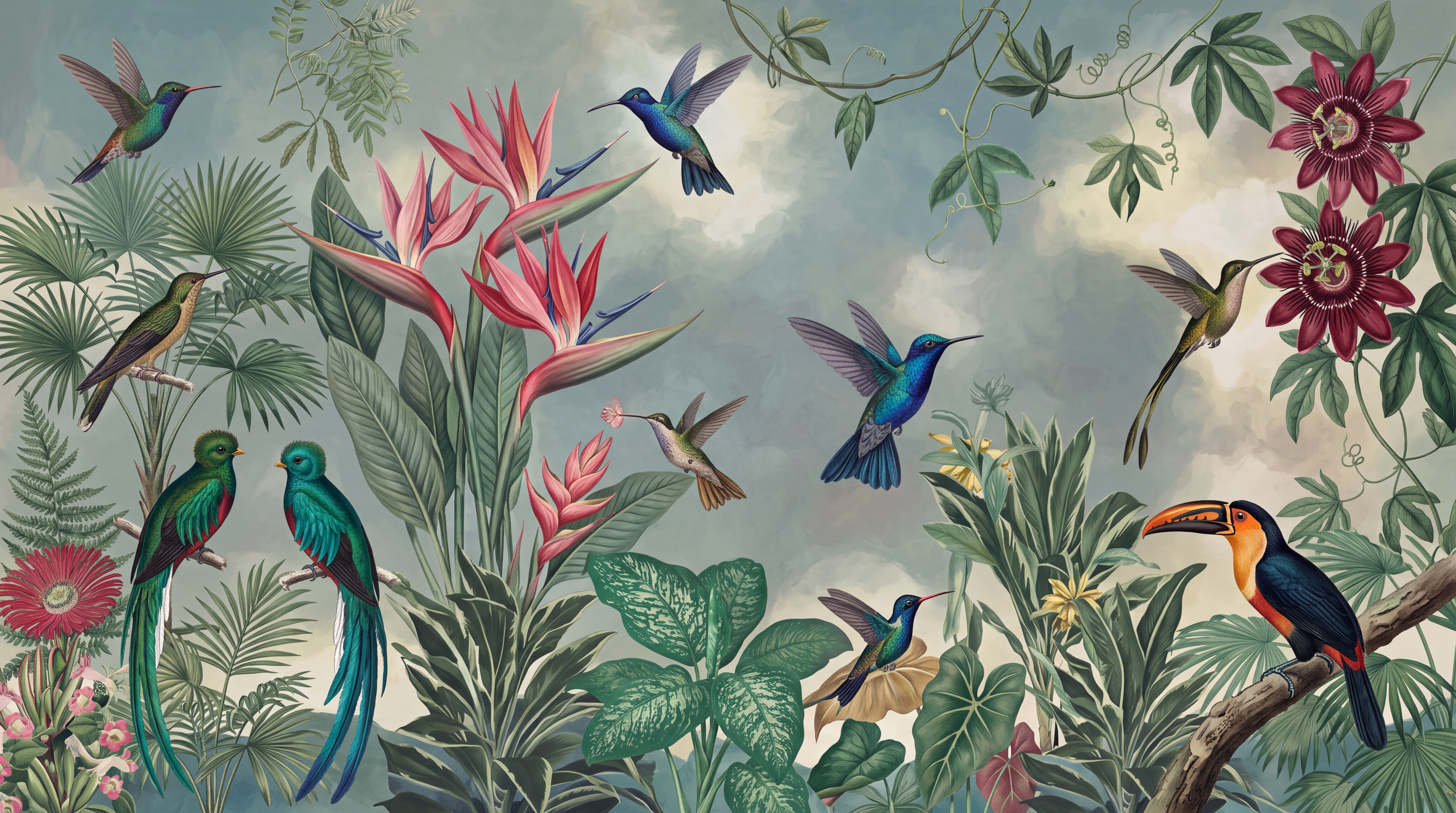 Green Bird Illustrated Wallpaper Mural, Peel-and-stick Finish