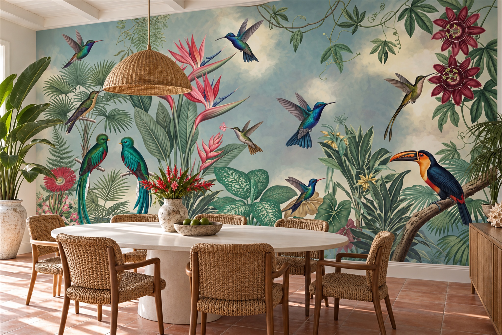 Tropical Birds And Exotic Flowers Wallpaper Mural — Wallpaper Mural Design, Peel-and-stick Finish