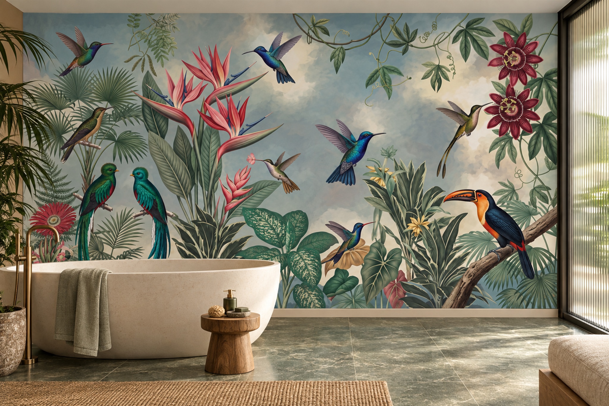 Green Bird Illustrated Wallpaper Mural Dining-room-wallpaper-murals, Peel-and-stick Finish
