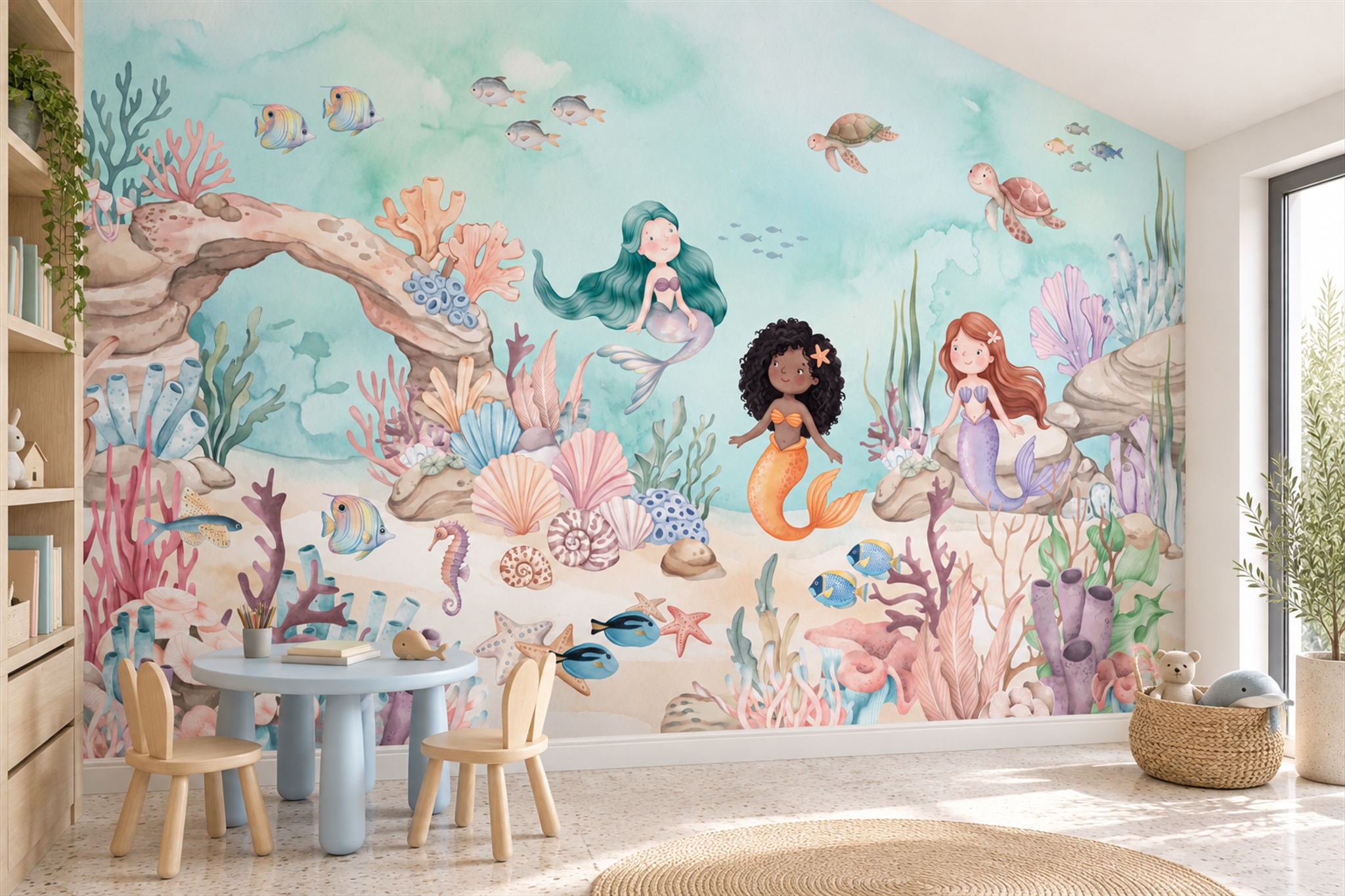 Aqua Pattern Decorative Painterly Wallpaper Mural Home-office-wallpaper-murals, Shown In A Home Office, Peel-and-stick Finish