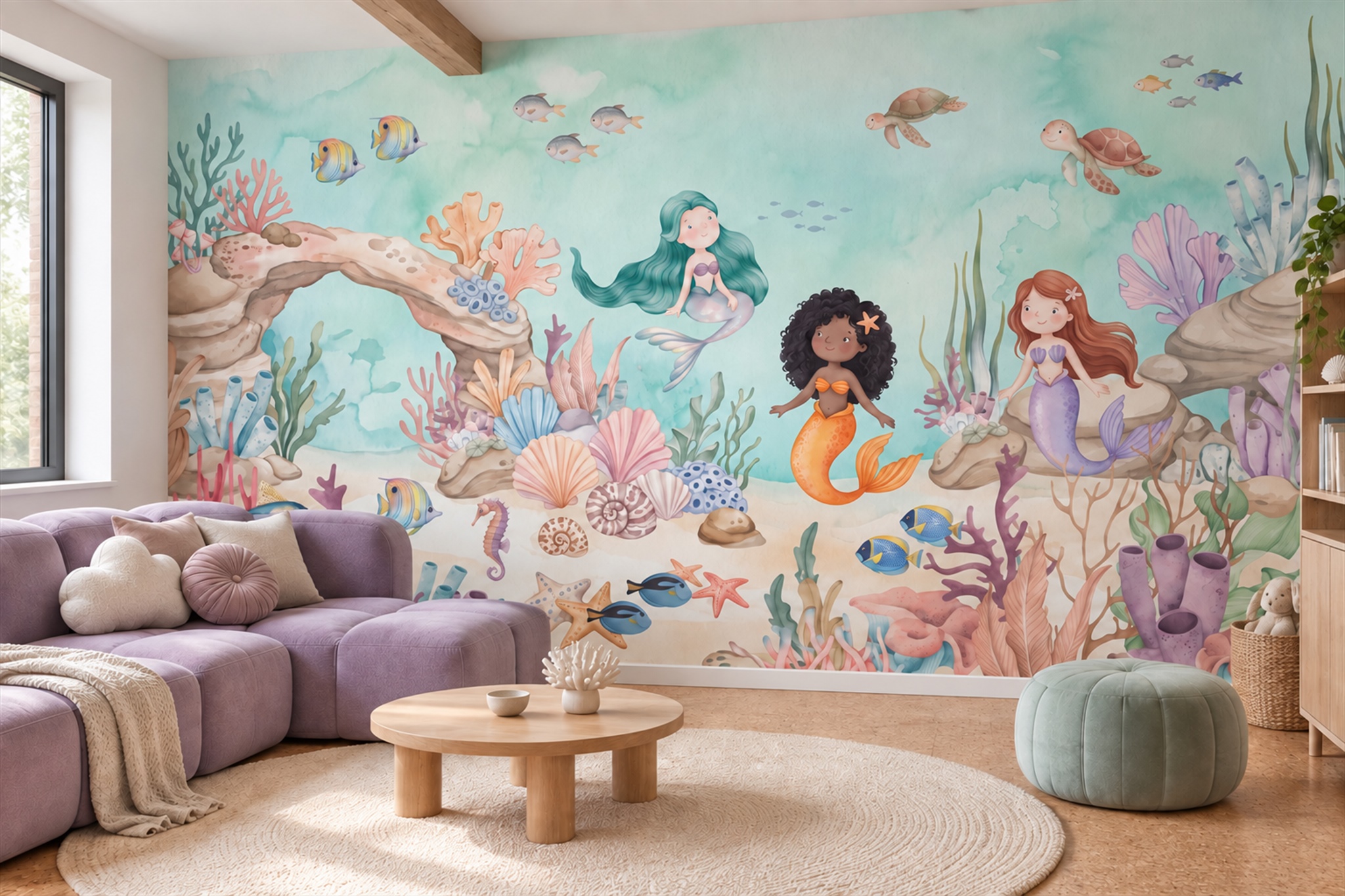 Aqua Pattern Decorative Painterly Wallpaper Mural Accent-wall-wallpaper-murals, Peel-and-stick Finish
