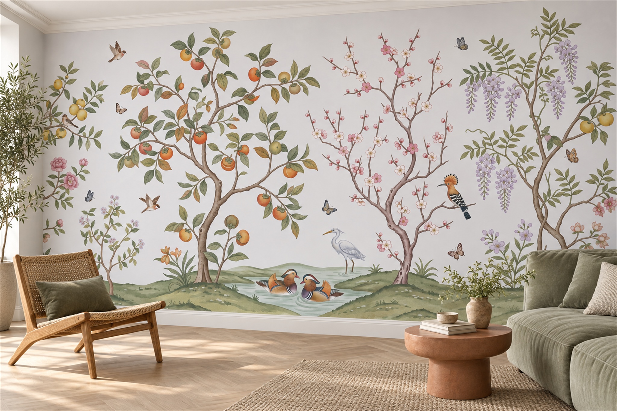 Fruit Trees And Spring Birds Garden Wallpaper Mural — Wallpaper Mural Design, Peel-and-stick Finish