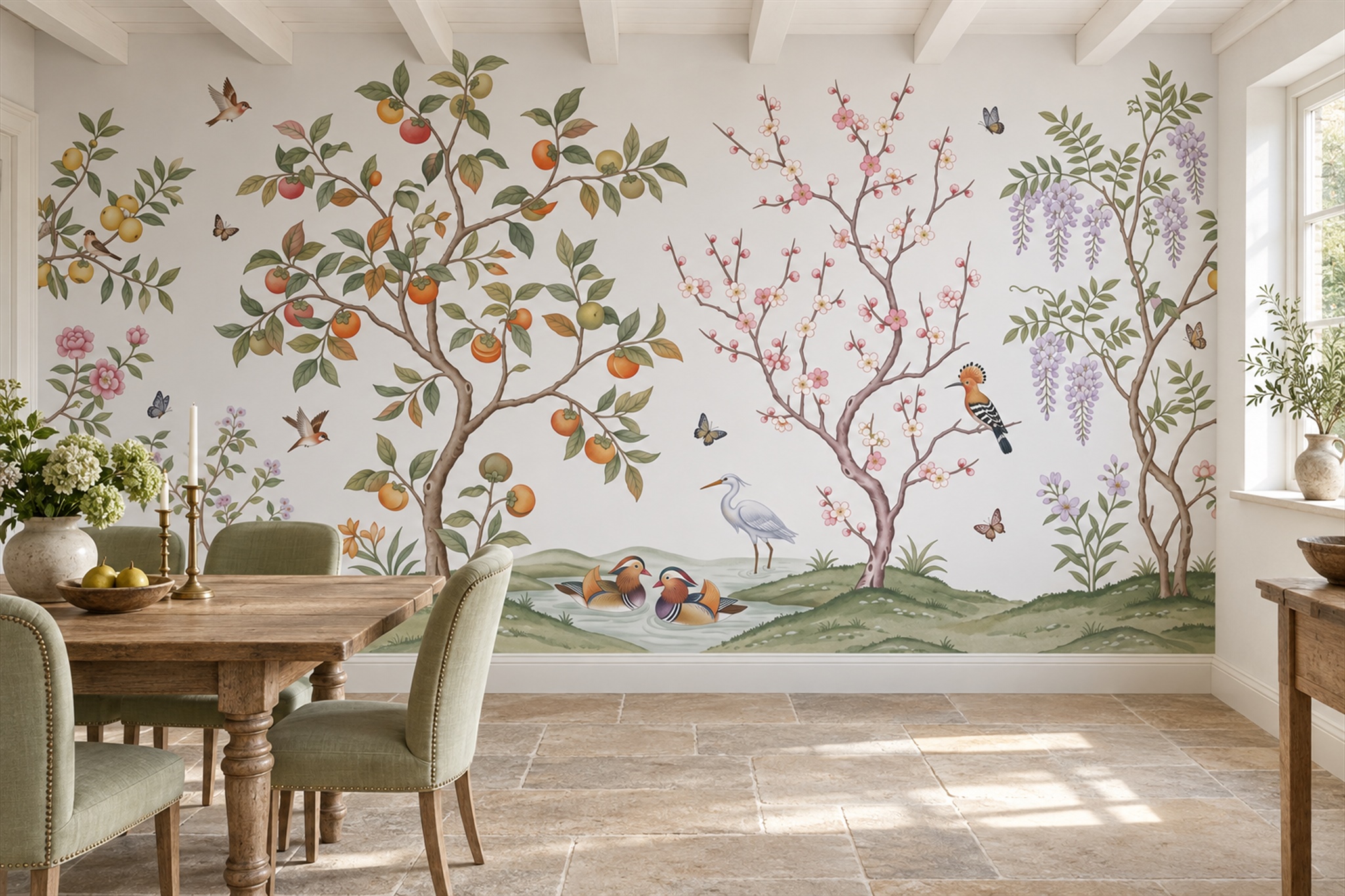 Green Pattern Decorative Atmospheric Wallpaper Mural Dining-room-wallpaper-murals, Shown In A Dining Room, Peel-and-stick Finish