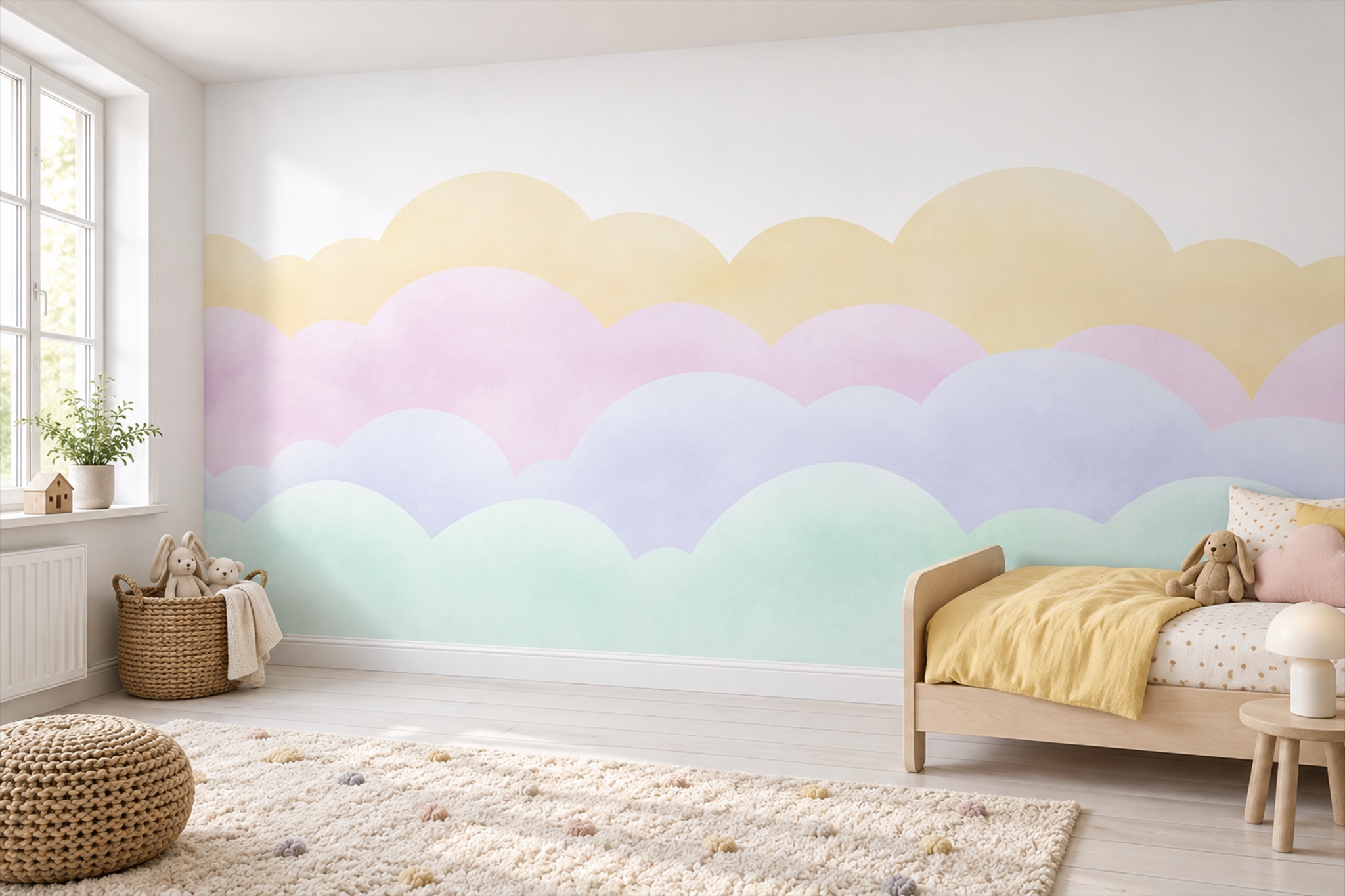 Mint Clouds Artful Wallpaper Mural Accent-wall-wallpaper-murals, Peel-and-stick Finish