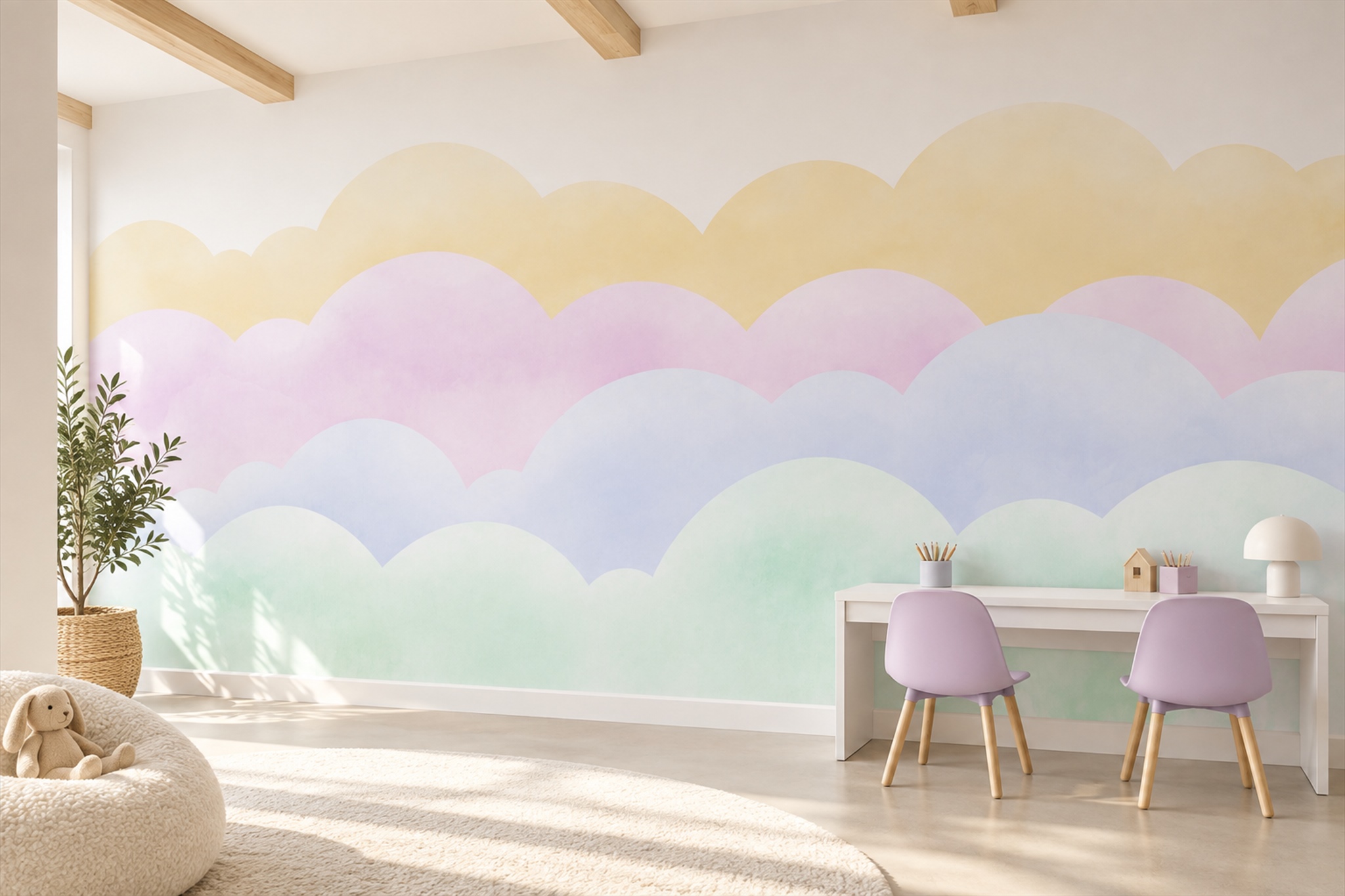 Mint Clouds Artful Wallpaper Mural Home-office-wallpaper-murals, Shown In A Home Office, Peel-and-stick Finish