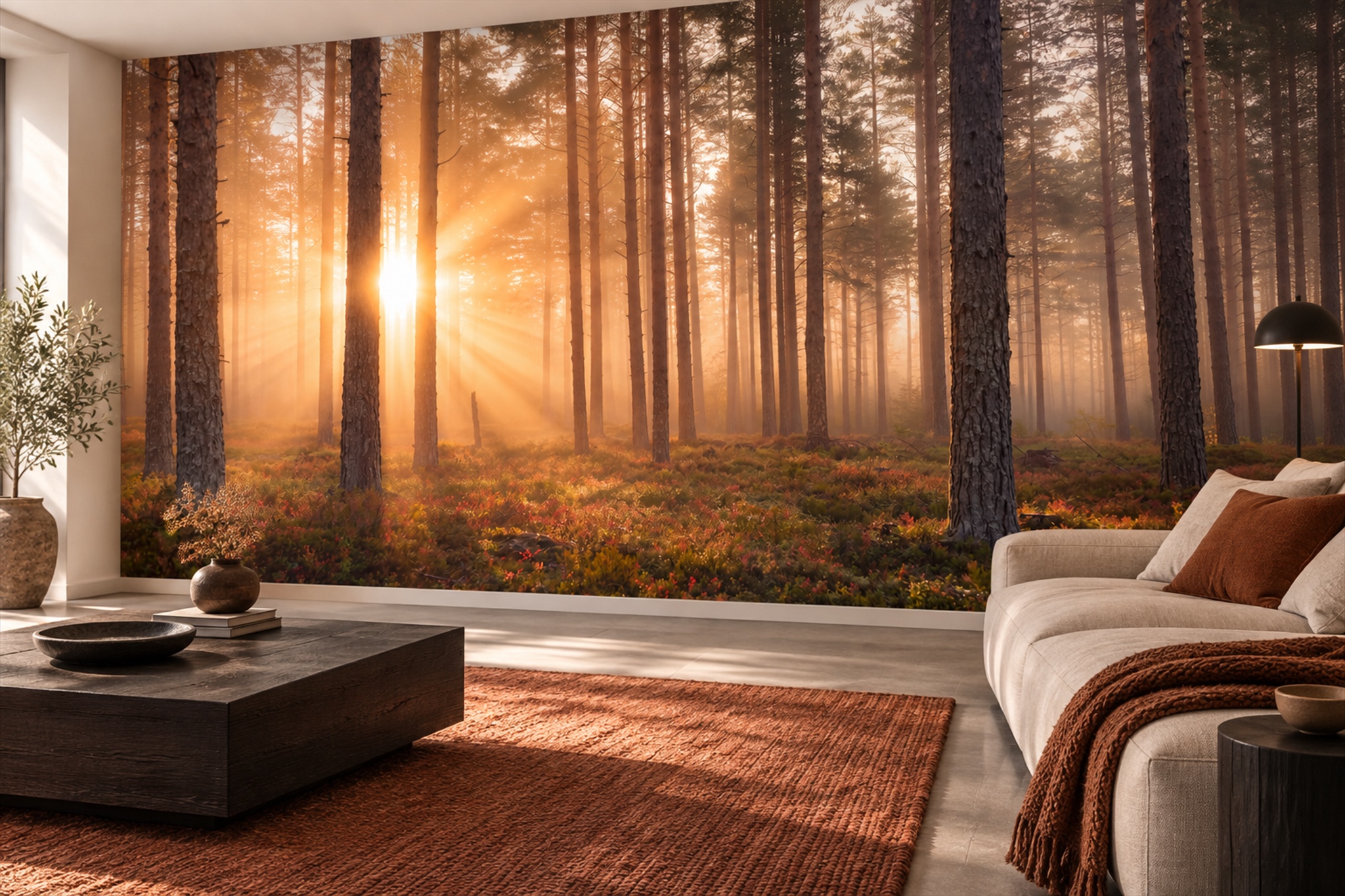 Golden Hour Pine Forest Wallpaper Mural — Wallpaper Mural Design, Peel-and-stick Finish