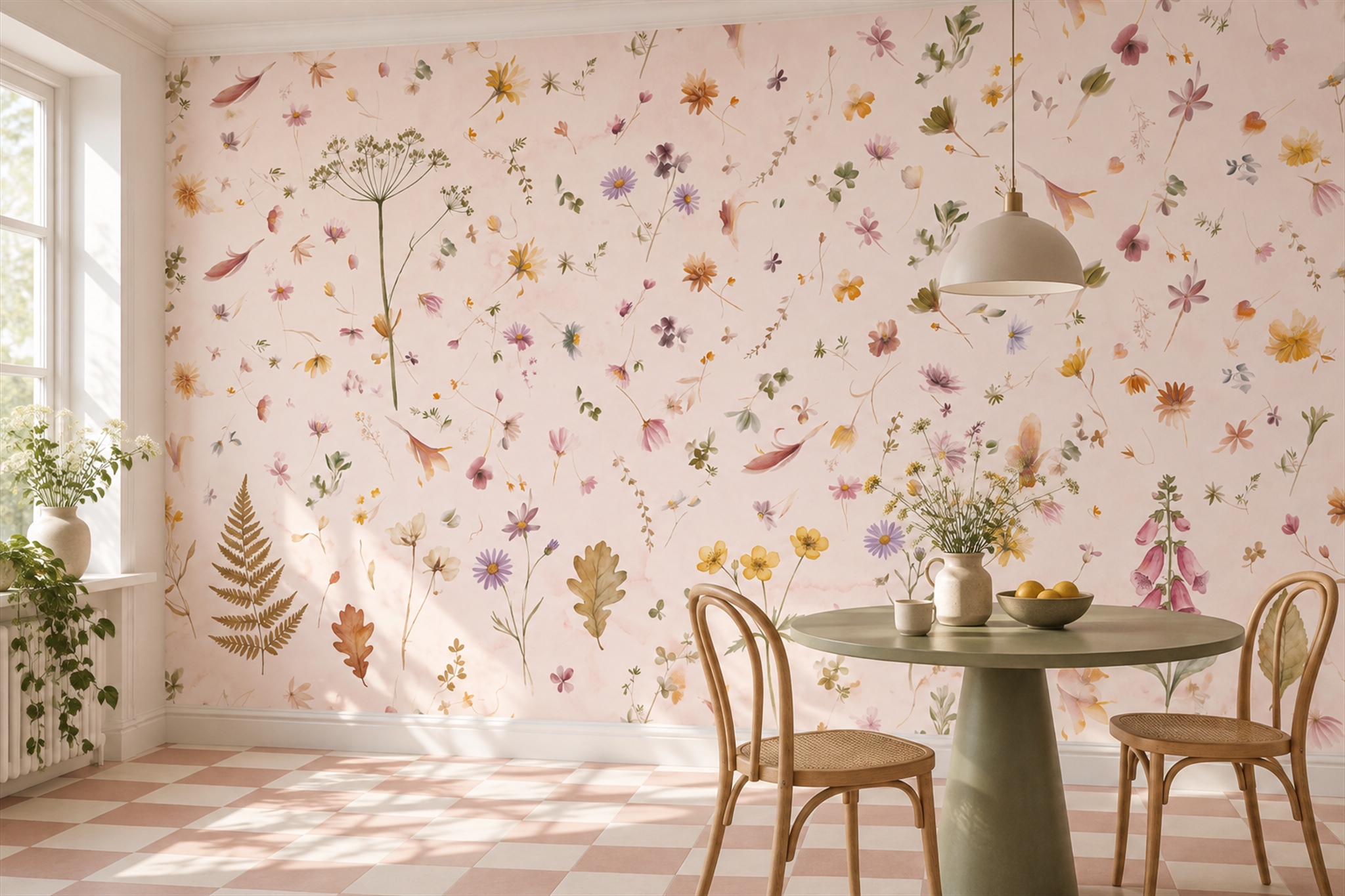 Pink Pattern Decorative Wallpaper Mural Layered Dining-room-wallpaper-murals, Shown In A Dining Room, Peel-and-stick Finish
