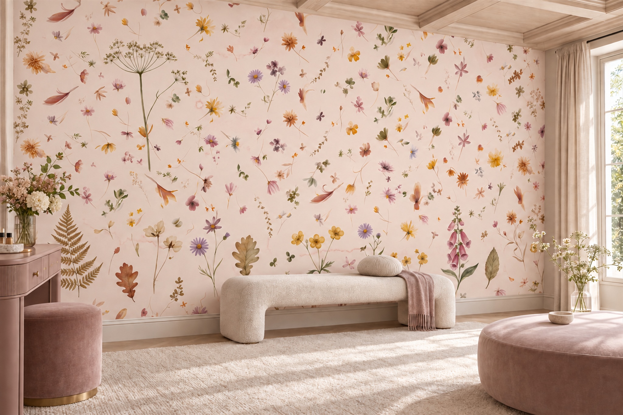 Scattered Meadow Wildflowers Wallpaper Mural — Wallpaper Mural Design, Peel-and-stick Finish