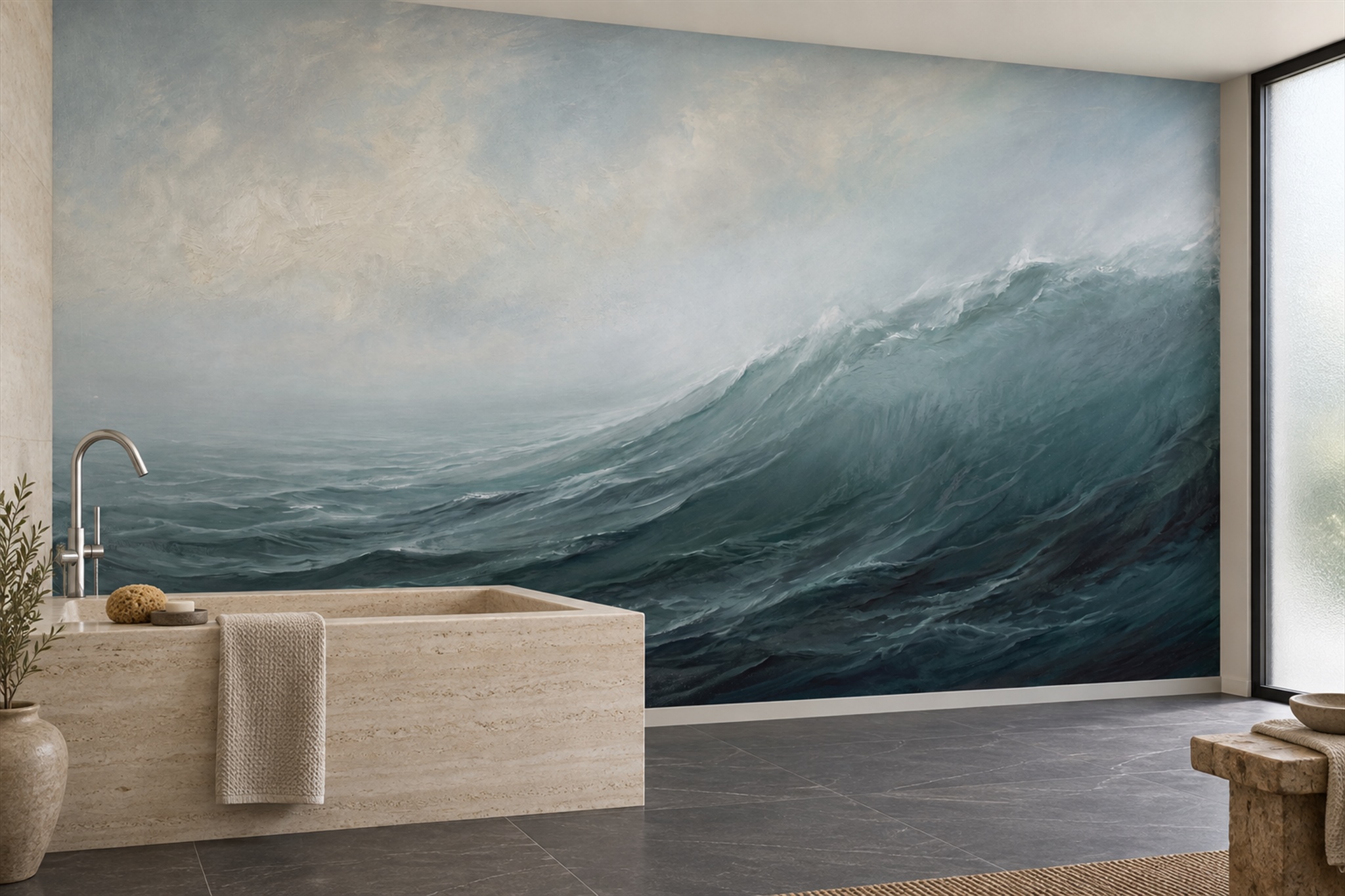 Teal Waves Artful Wallpaper Mural Bathroom-wallpaper-murals, Peel-and-stick Finish