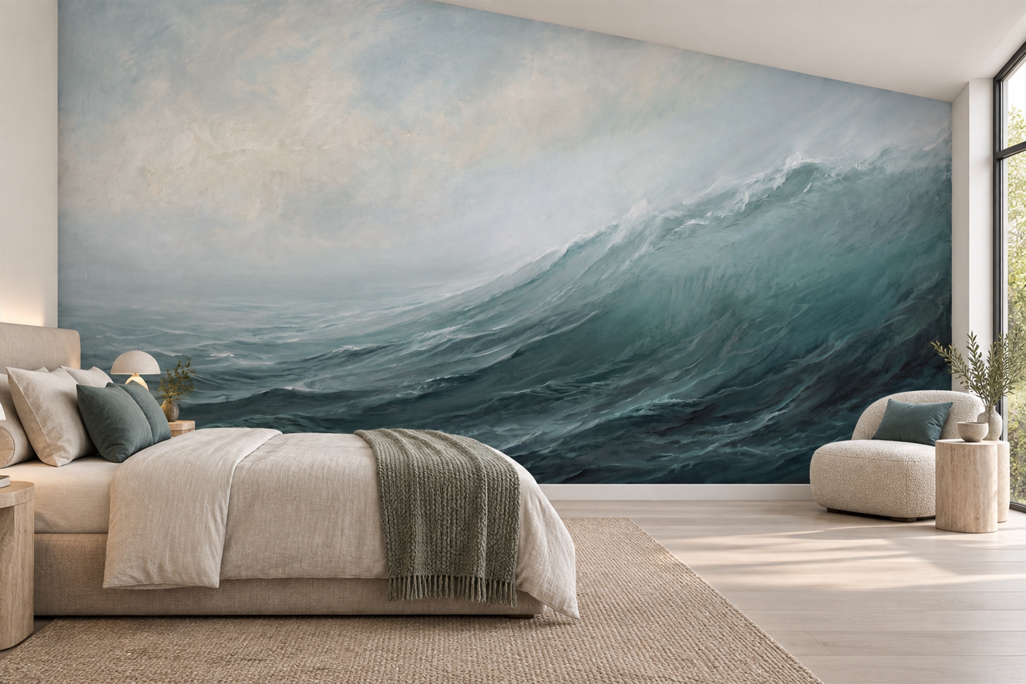 Teal Waves Artful Wallpaper Mural Bathroom-wallpaper-murals, Peel-and-stick Finish