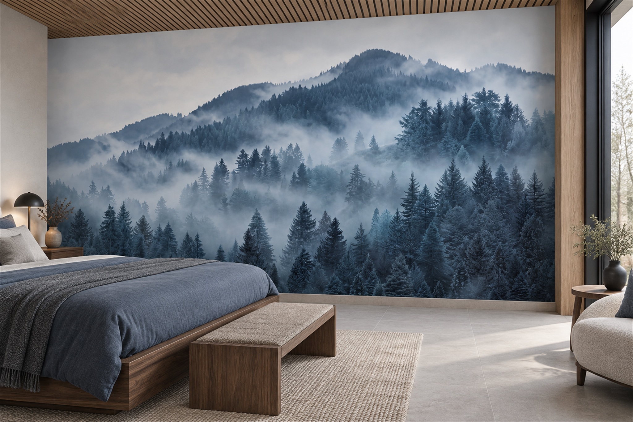 Blue Forest Scenic Decorative Wallpaper Mural Bedroom-wallpaper-murals, Peel-and-stick Finish