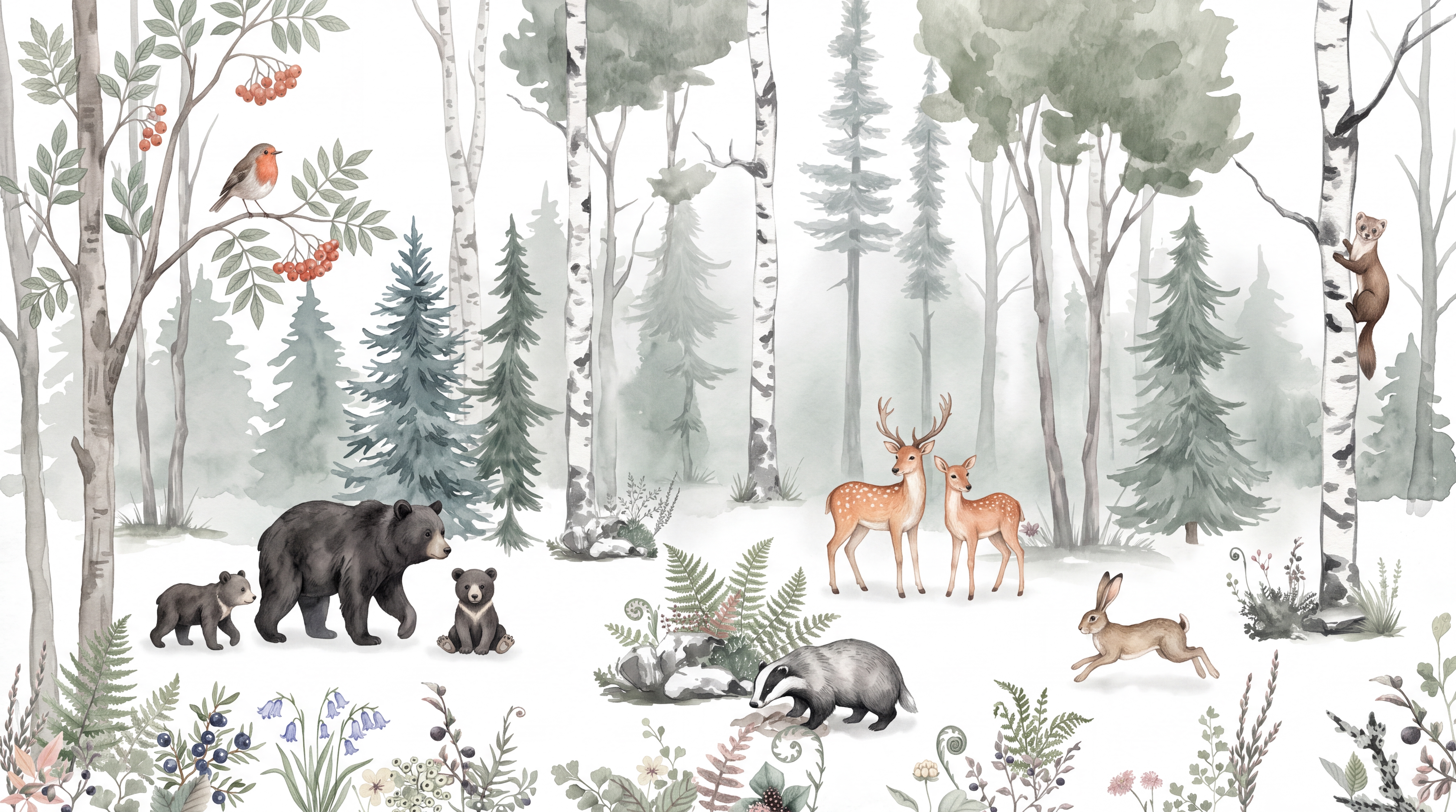 Sage Animal Illustrated Decorative Wallpaper Mural, Peel-and-stick Finish