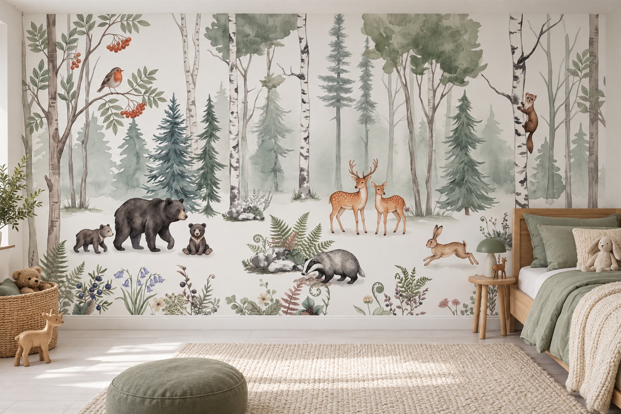 Sage Animal Illustrated Decorative Wallpaper Mural Accent-wall-wallpaper-murals, Peel-and-stick Finish